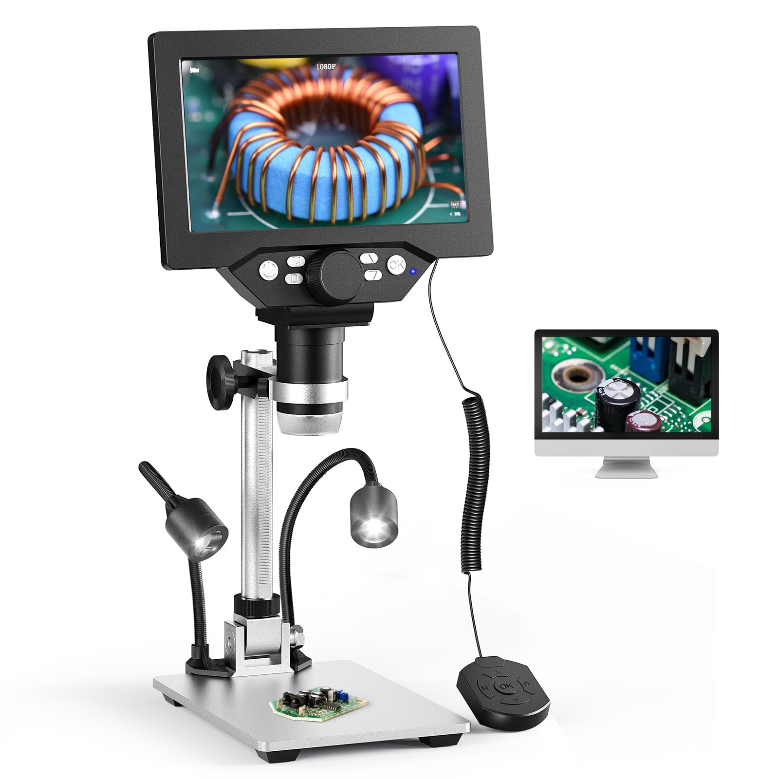Microscopio Digitale, Couleeur Altezza Girevole 1200X 1080P e LCD Microscopio, microscopio con Display da 7 Pollici con 2 Luci Laterali Regolabili e 8 Sfere LED per Riparazioni Elettroniche