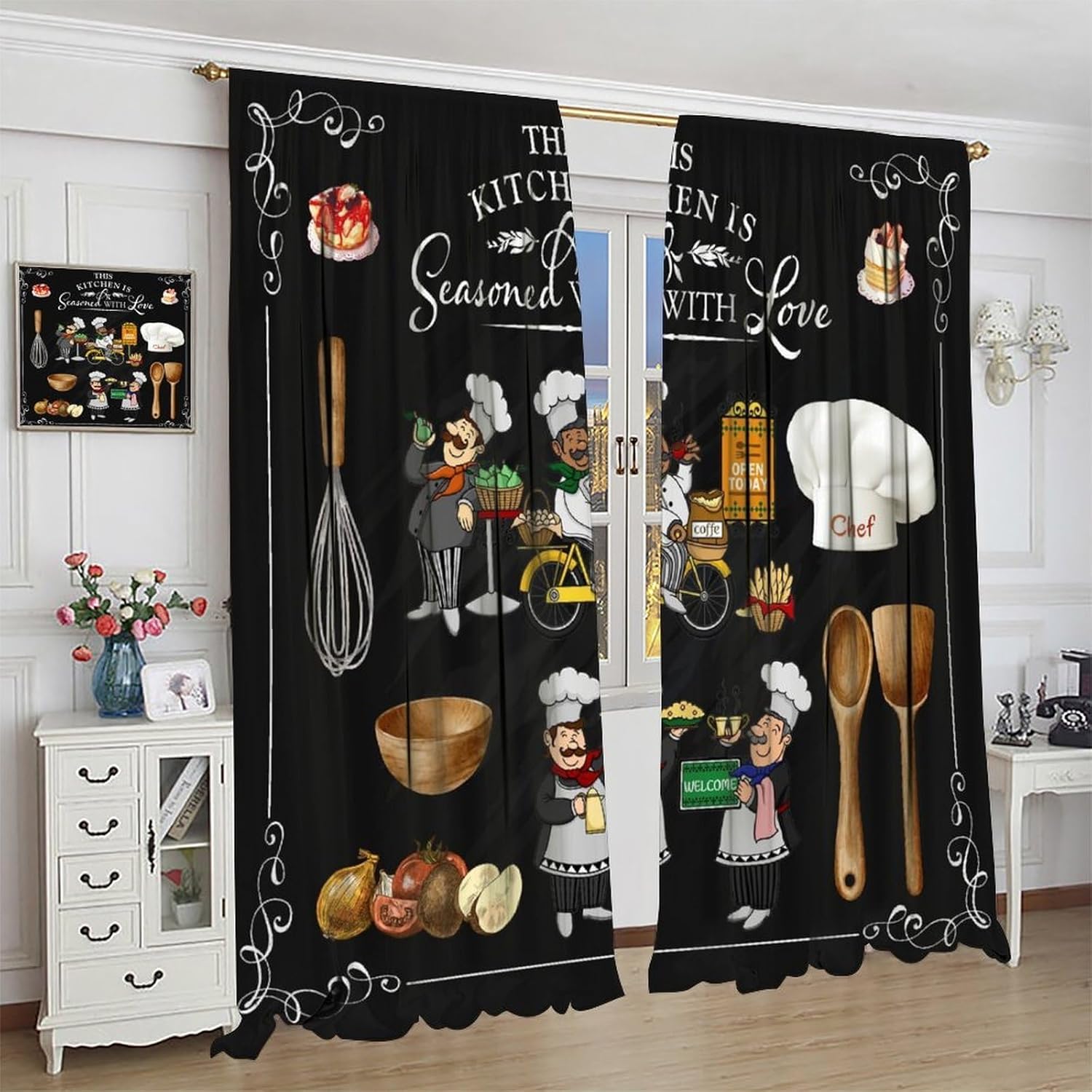 Chef Blackout Curtains Vegetables Desserts Cakes Spoons Kitchenware Restaurant Decor Rod Pocket Window Treatments for Bedroom Kitchen Living Dining Office Cafe 42" W X 54" L