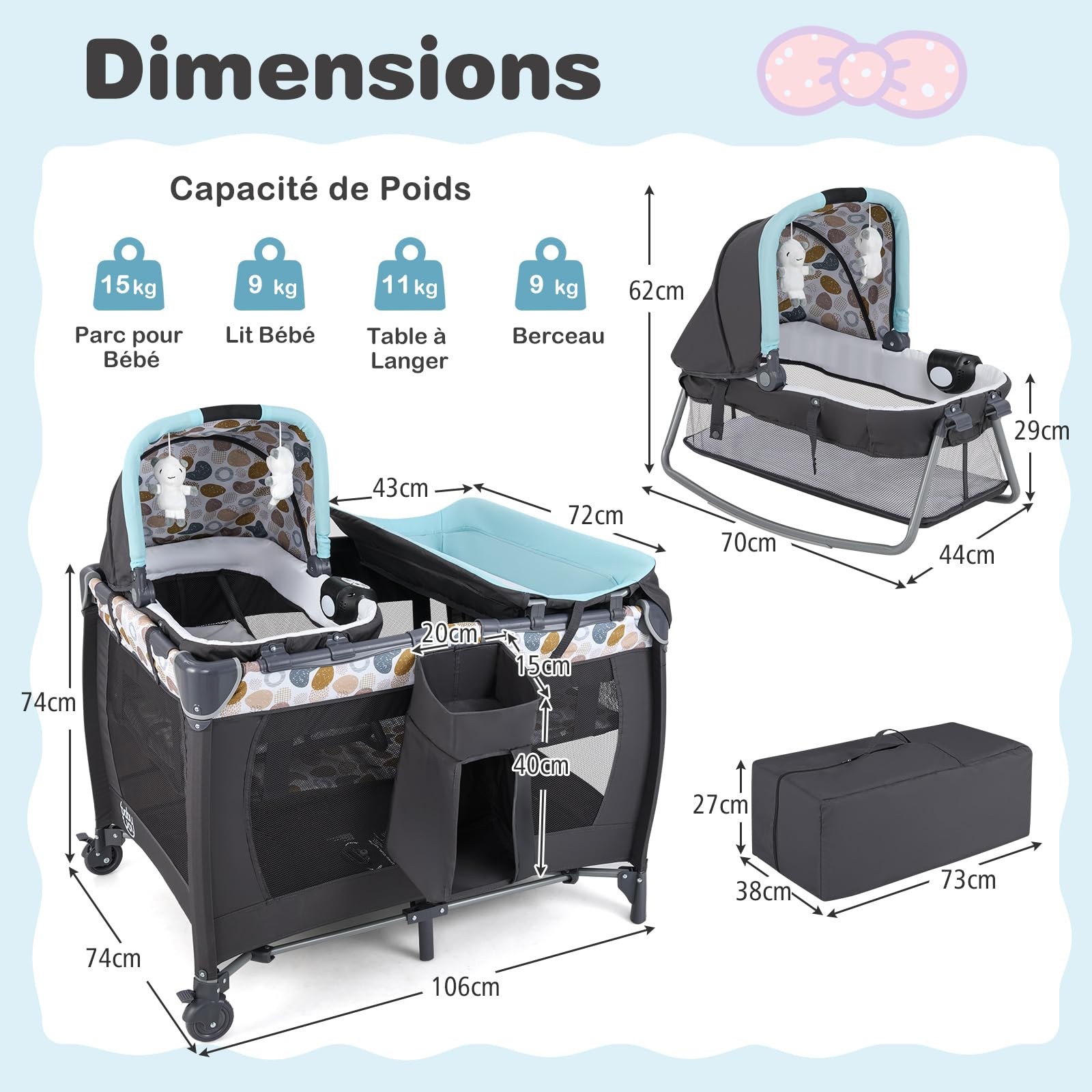 COSTWAY 5 en 1 Lit Parapluie Bébé avec Matelas & Table à Langer, Lit Bébé Evolutif avec Boîte à Musique & Jouets Suspendus, Sac de Transport & Roues Verrouillables, Berceau pour 0-36 Mois (Bleu)