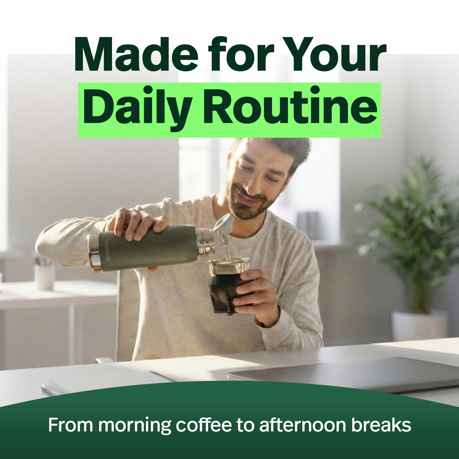 KALMATEH Termo de acero inoxidable con aislamiento al vacío de doble pared (760 ml), vertido preciso y retención de calor, para yerba mate, café, té, camping (verde militar)