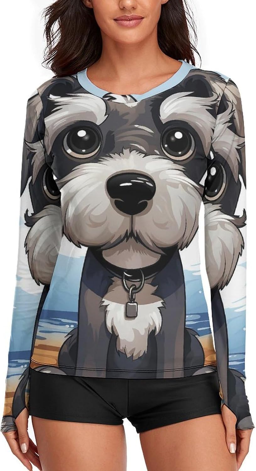 Adorable Schnauzer Rash Guard for Women UPF 50+ UV Sun Protection | Long Sleeve Workout Top Quick Dry Athletic Hiking Shirt Moisture Wicking Swim Shirt for Running, Cycling, Swimming