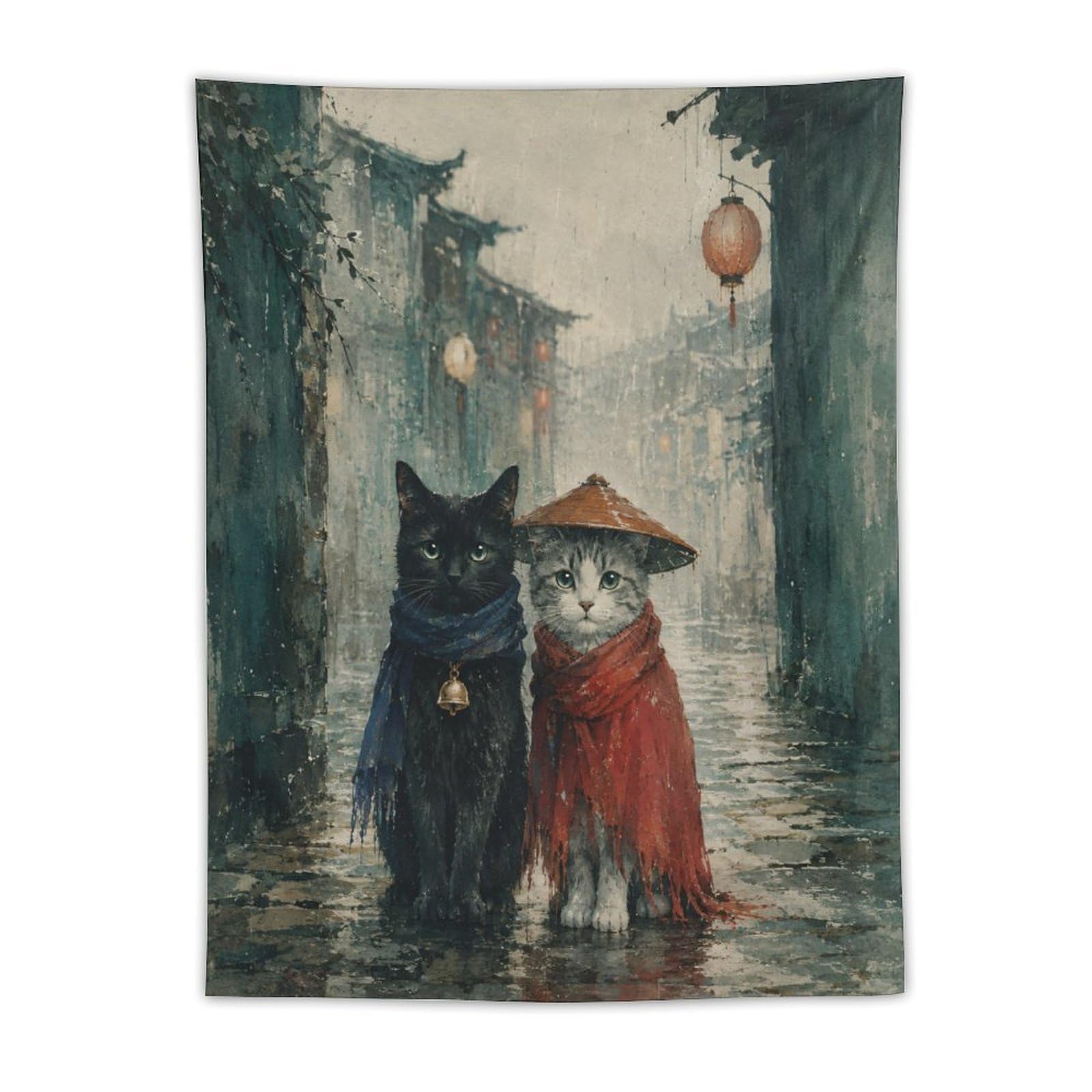 H3B8U2Y5 Rainy Street Cat Pair Wall Tapestry, Whimsical Animal Art