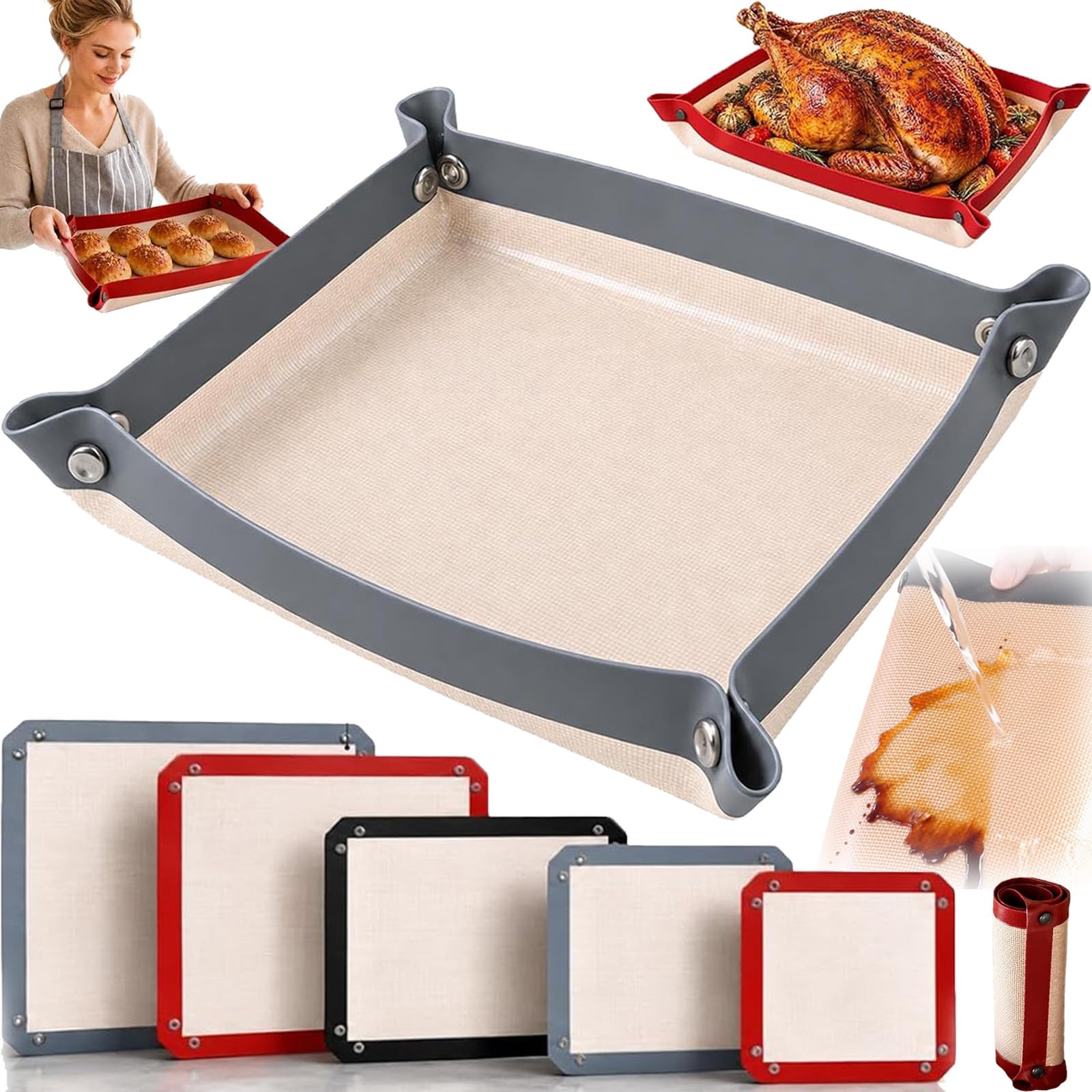 Leakproof Baking Mat, Silicone Snap Corner Crisp Trays，Gray：60 * 40cm — image 1