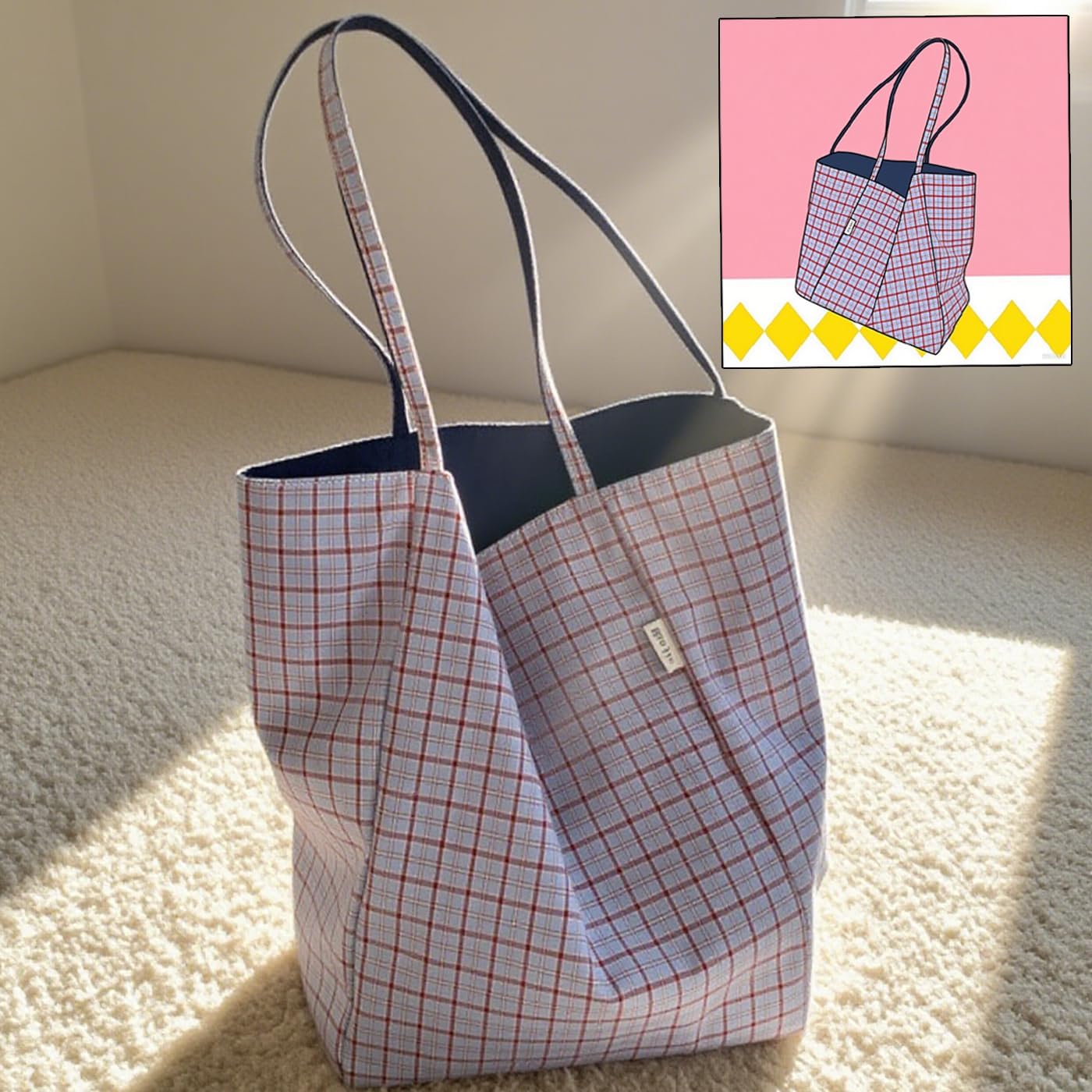 CHUNFO Vintage Gingham Check Tote Bag, Nylon Cotton Blend,Light Stylish Everyday School Travel Work - Image 9