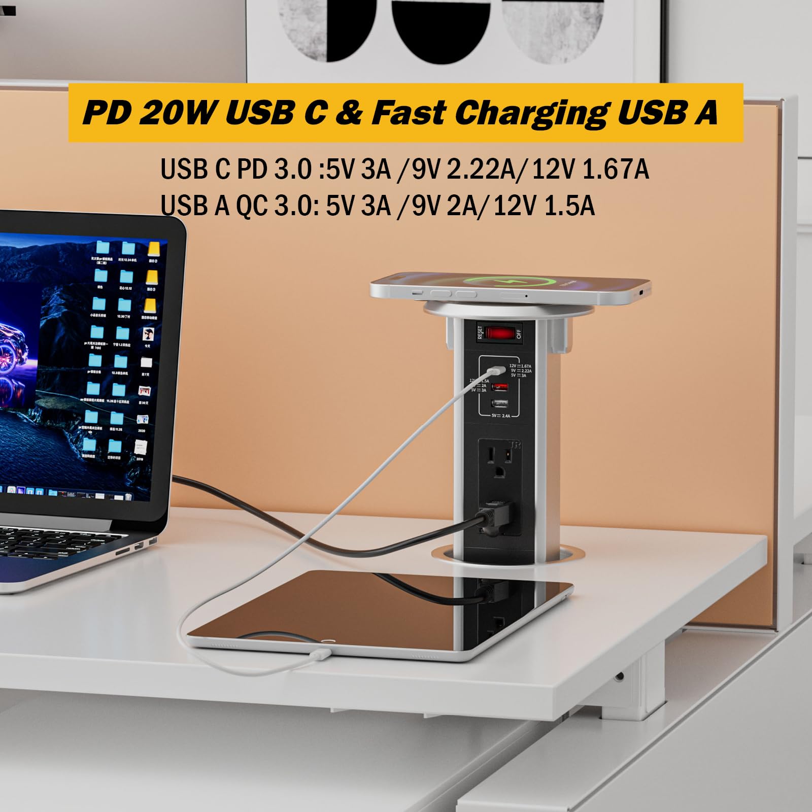 Automatic Pop up Outlet for Countertop with 15W Wireless Charger, 4" Hole Hidden Recessed Pop Up Socket,PD 20W USB C,2 TR AC Plug,2 USB A Desk Charging Station for Conference Kitchen Workbench