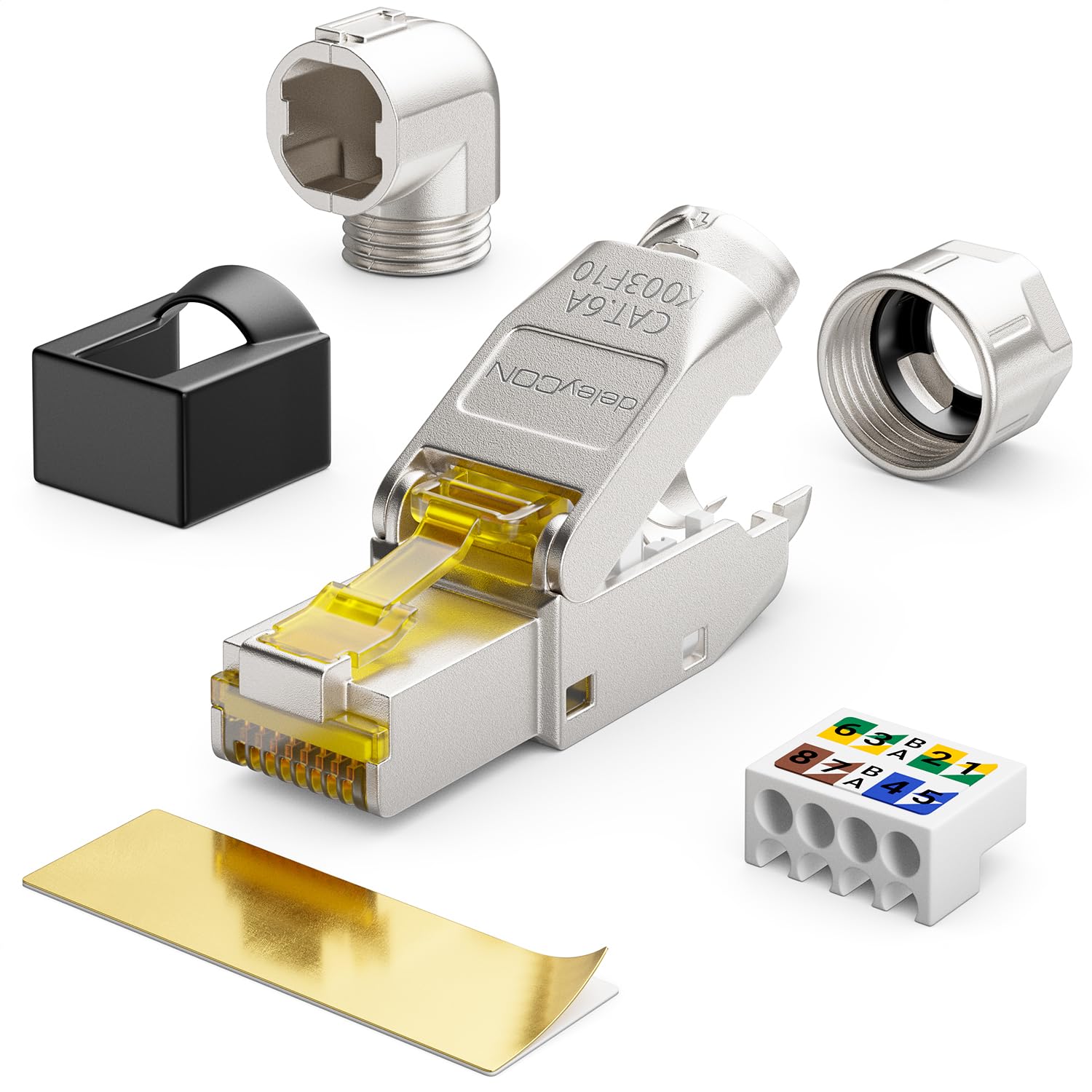 deleyCON 12x Connettore RJ45 CAT 6a Angolato 90° Senza Utensili, Schermato, 10 Gbit/s - per Cavi di Posa Rigidi (Roh), Ethernet LAN/DSL/Patch | Senza attrezzi, schermato, per cavi di posa rigidi, cavo grezzo, connettore RJ45, Ethernet, LAN, DSL, cavo patc