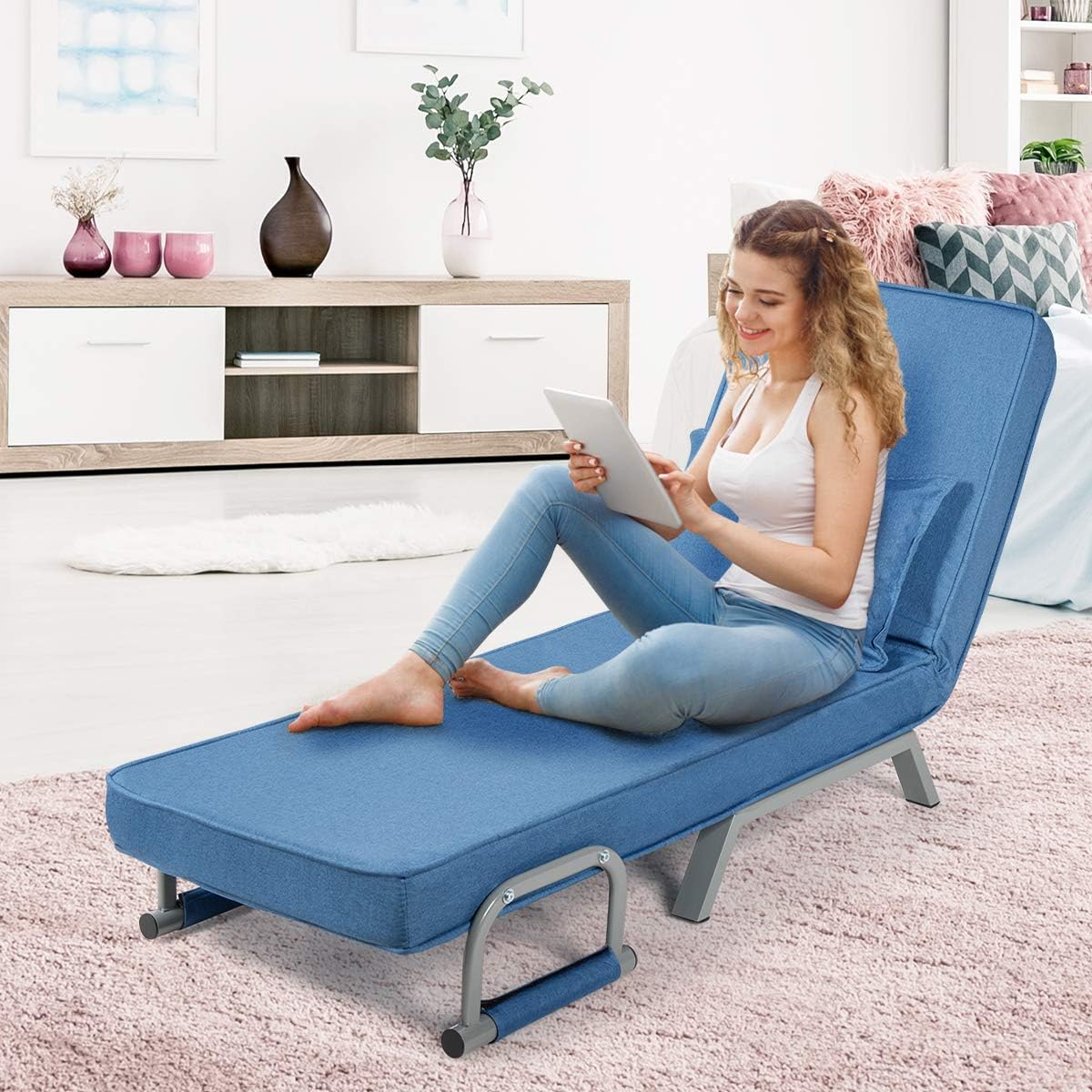 Giantex Convertible Sofa Bed Sleeper Chair, 5 Position Adjustable Backrest, Folding Arm Chair Sleeper w/Pillow, Upholstered Seat, Leisure Chaise Lounge Couch for Home Office (Blue)