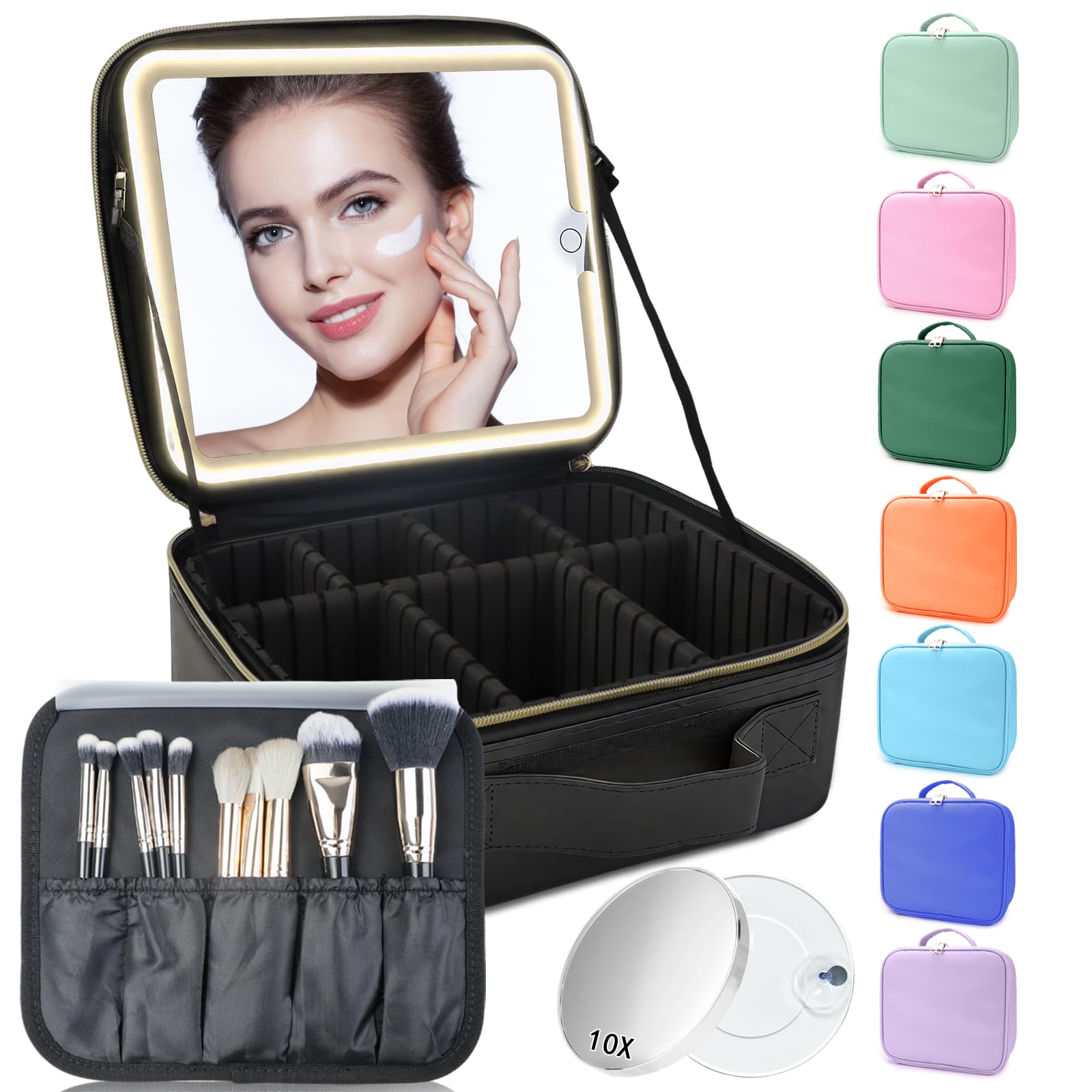 SUILU Makeup Bag with Led Mirror,Travel Makeup Organizer with 3 Color Setting & 10X Magnifying Mirror, Portable Storage and Adjustable Dividers Travel