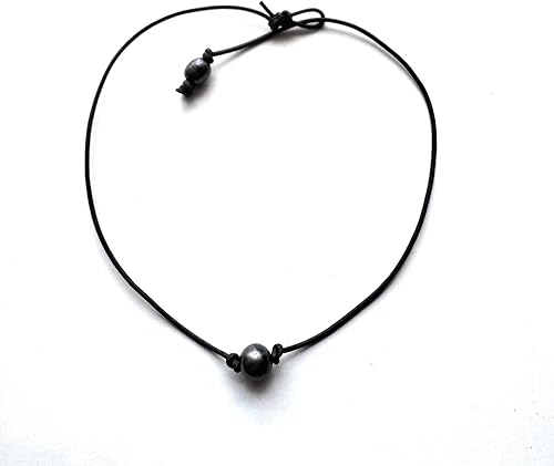 Vista 3 de Peacock Black Pearl on Black leather choker necklace