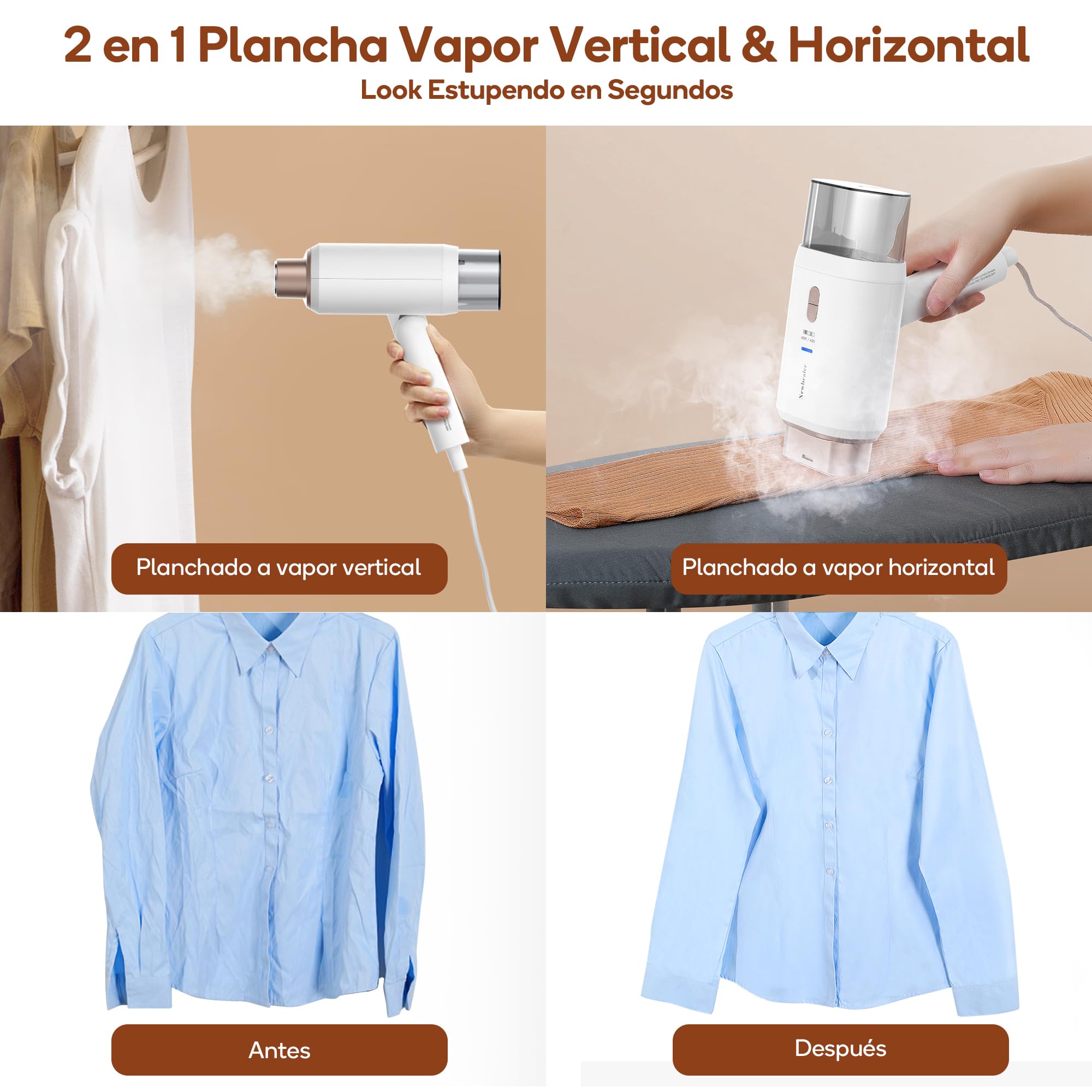 Newbealer Plancha Vertical Vapor, Plancha de Ropa Portátil Doble Voltaje 100V-240V para Viaje, 20s Calentamiento Rápido y Autoapagado, Tanque de Agua Removible de 180 ml