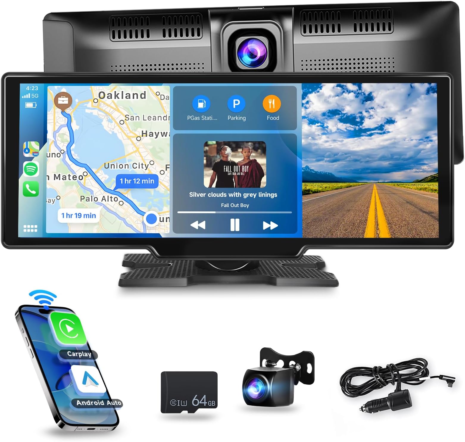 Podofo Portable Car Stereo Wireless Carplay/Android Auto with 2.5K Dash Cam, 1080P Backup Camera, 9.3 Inch HD Touch Screen Car Play Screen, GPS Navigation, Dual Bluetooth, FM/AUX, 64G TF Card