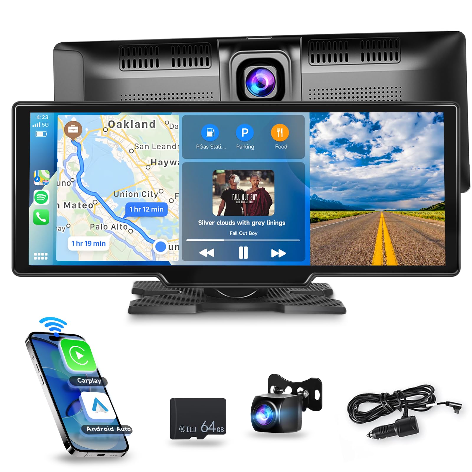 Wireless Carplay/Android Auto Portable Car Radio with 9.3" HD Touchscreen Dash Cam, Front/Rear View Camera Stereo Receiver Bluetooth FM Transmitter AUX TF Card