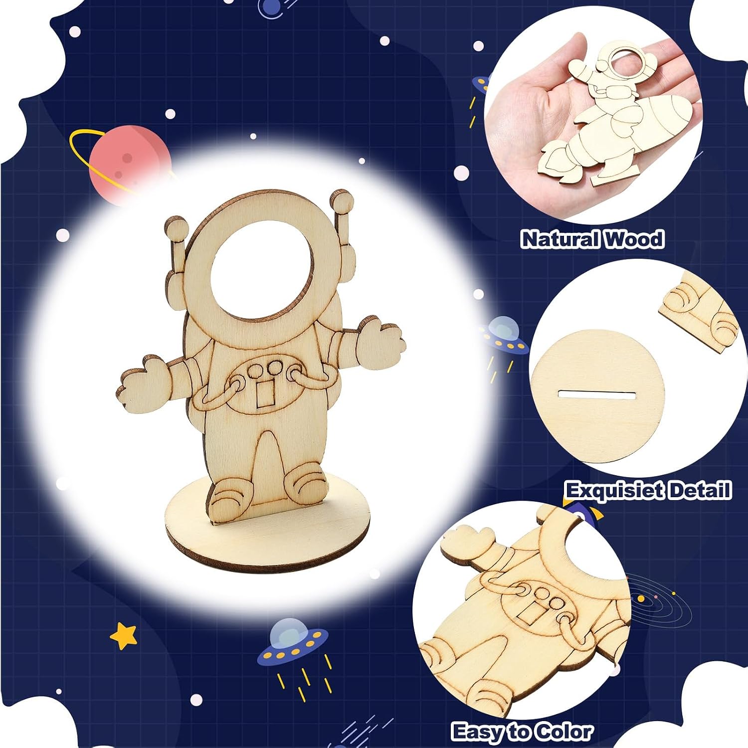 LiQunSweet 35 pcs 7 Styles Outer Space Theme Undyed Wood Cutout Charms Rocket Spaceship Astronaut Wood Slices for DIY Painting Art Craft Home Office Desk Embellishments