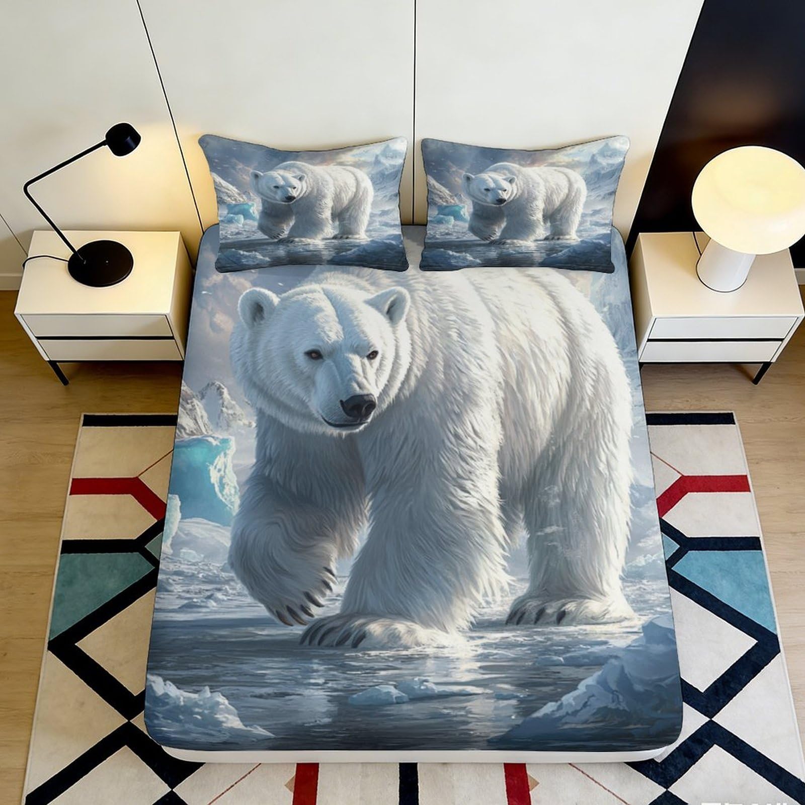 3D Printed Polar Bear Fitted Sheet Microfiber Soft Breathable Arctic Ice Mattress Cover for Bedroom Dorm Decor 90x200x25cm