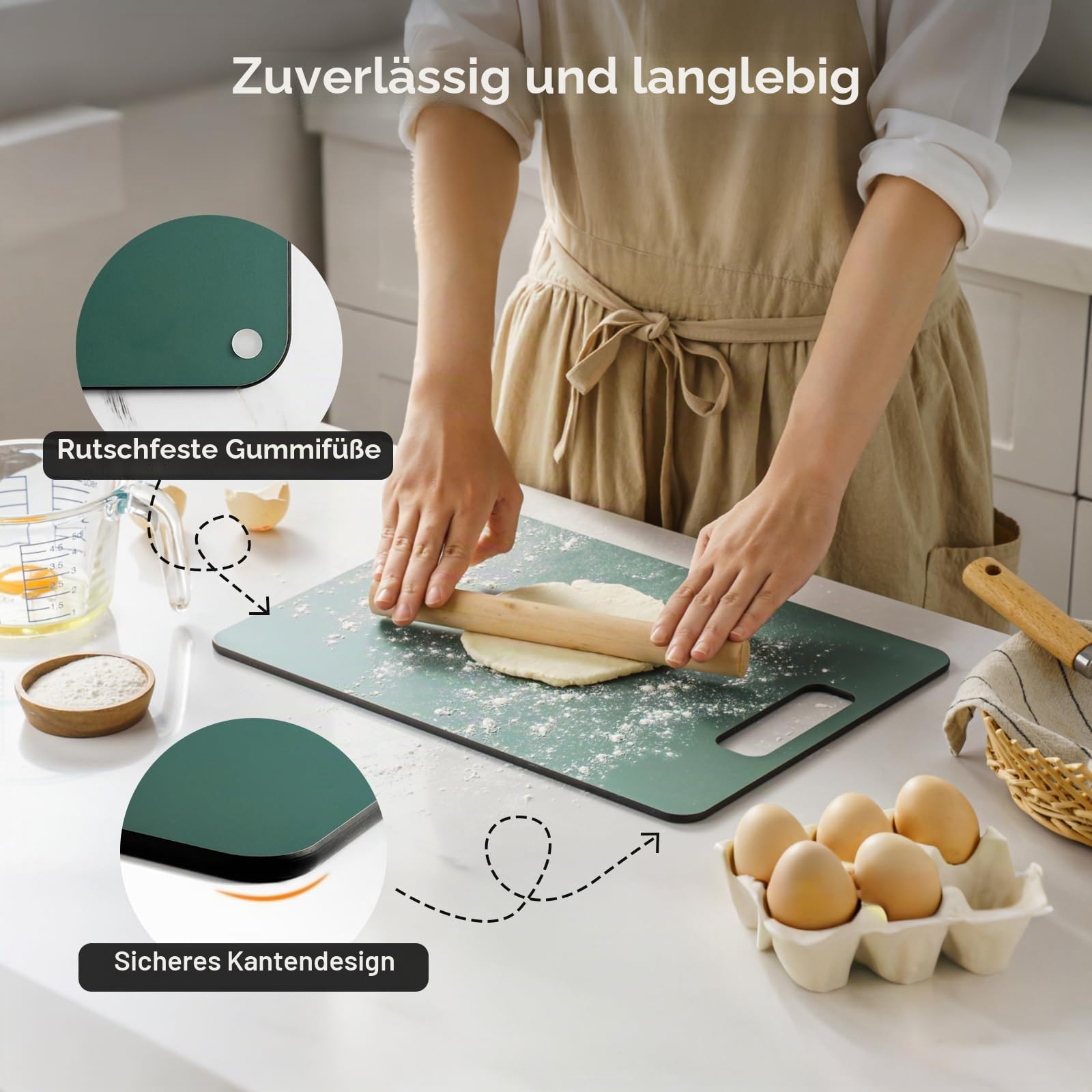 Holzfaser Schneidebrett 2er-Pack, Spülmaschinenfest Verbund-Schneidebrett, Hohe Dichte, Ungiftig, BPA-frei, Rutschfeste Füße, Messerfreundlich – Ideal für Küche und Geschenk, Grün