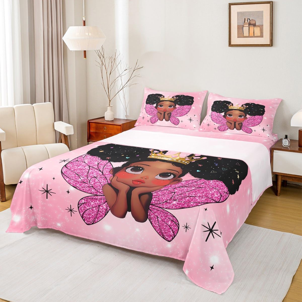 Feelyou Cute Black Girl Bed Sheets Set Queen Size Fairy Wings Princess Theme 4 Pieces Sheet with 16 Inch Deep Pockets for Kids Boys Girls Room Decor African American Bedding Microfiber