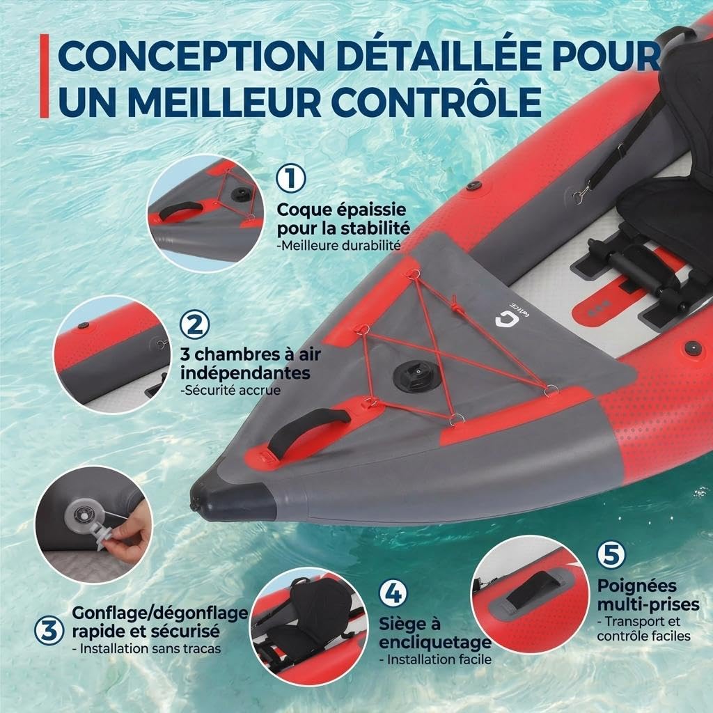 Garvee Kayak Gonflable 2 Personnes 12,5 Pieds – Siège rembourré, 3 ailerons – PVC Robuste, Pliable – Pompe, Sac, kit réparation – Capacité 204 kg – Pêche et Loisirs – Taille 381×95×42 cm