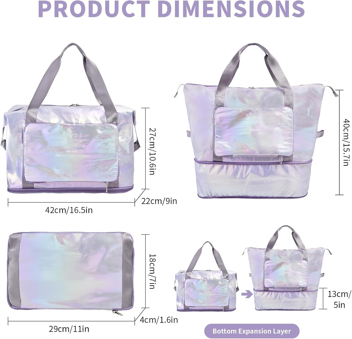 IwIeIaIrI Weekender Overnight Bags for Women Men,Waterproof Lightweight Foldable Gym Duffel Dance Bag for Girls Kids Women Weekend Travel with Laser Color (Purple) - Image 2