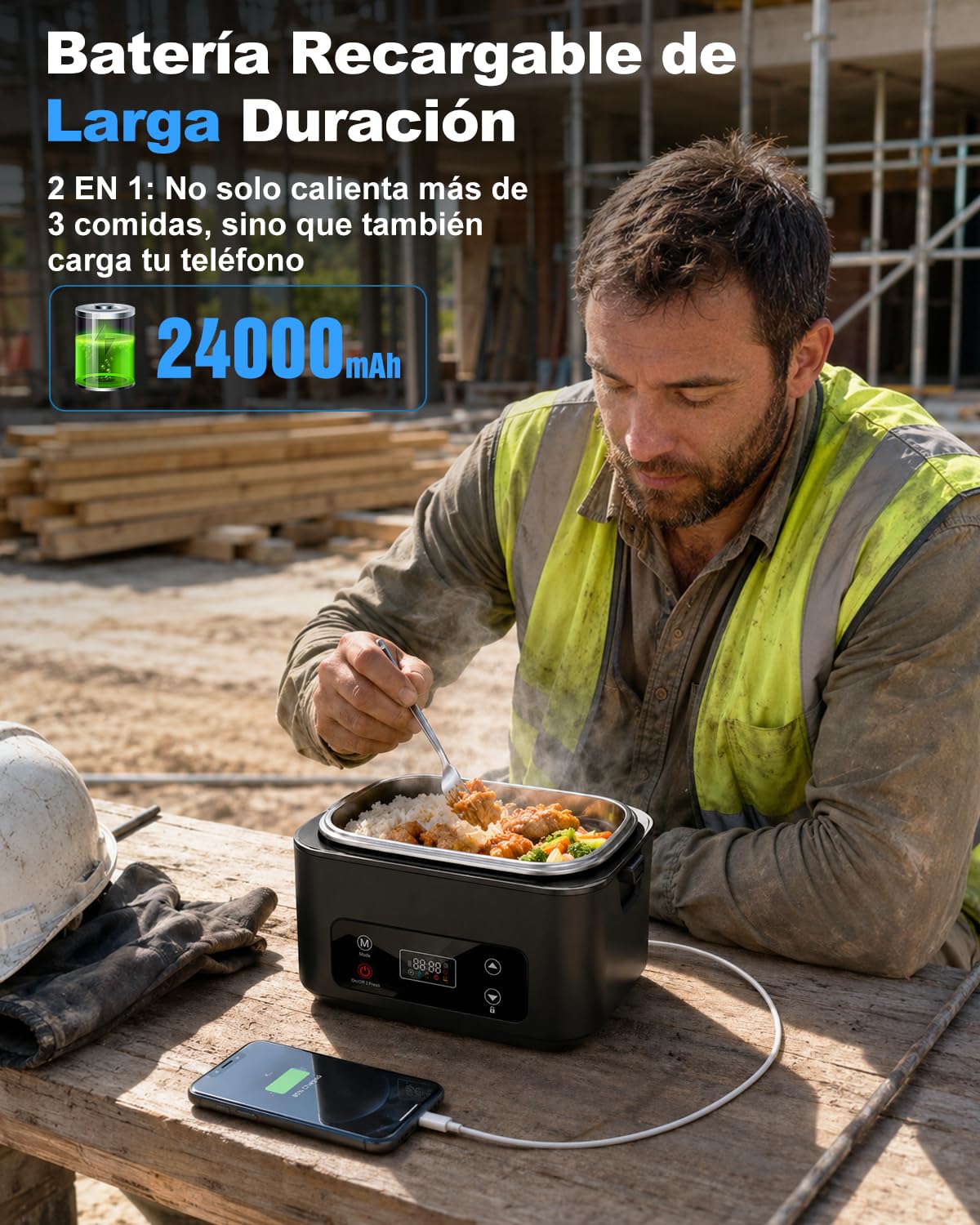 Fiambrera Electrica, 100W Taper Electrico para Comida Extra Grande 1.2L | Fiambrera Electrica con Bateria 2400mAh, Tupper Electrico con Taper Acero Inoxidable para Coche, Camión, Acampada