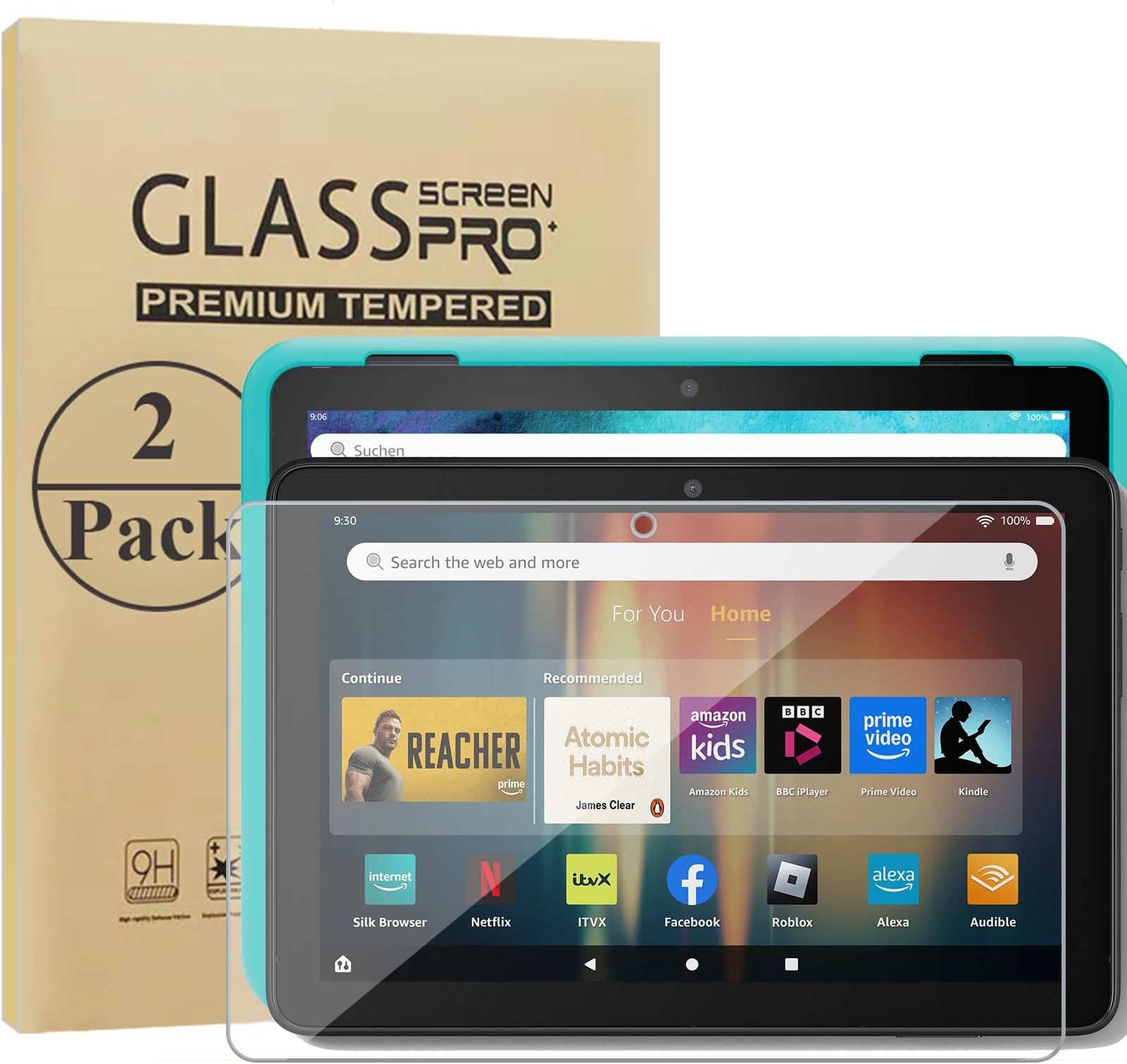 HunDun Screen Protector for Fire HD 8/ HD 8 Kids 2024/2022/HD 8 Kids Pro, Tempered Glass Film, 2 Pack