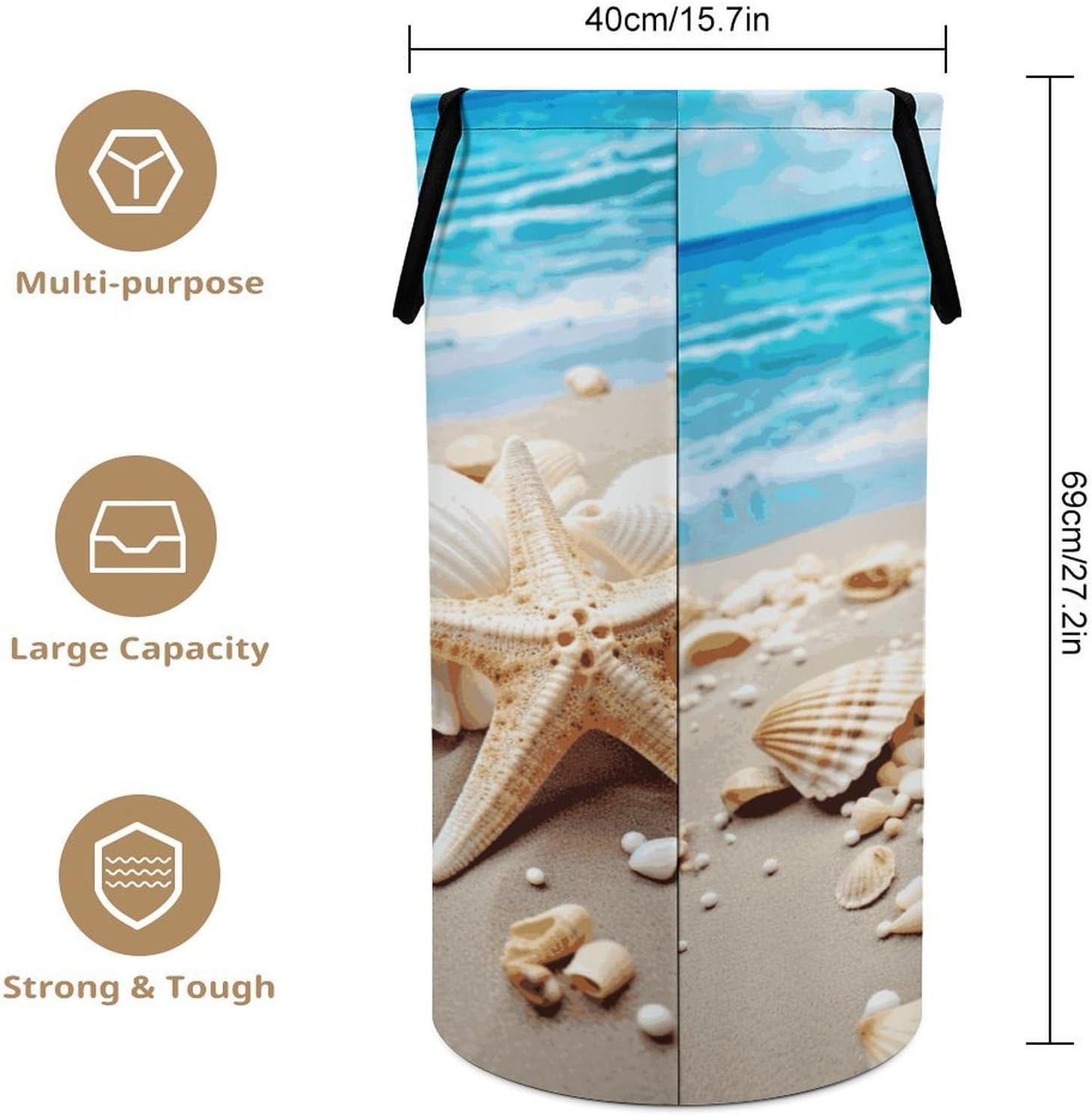 Ocean Sea Beach Seashells Starfish Blue Laundry Basket Dirty Clothes Bin, Waterproof Laundry Hamper, Laundry Bag, Clothes Hamper Stands for Bedroom, Towels,Clothings image 2
