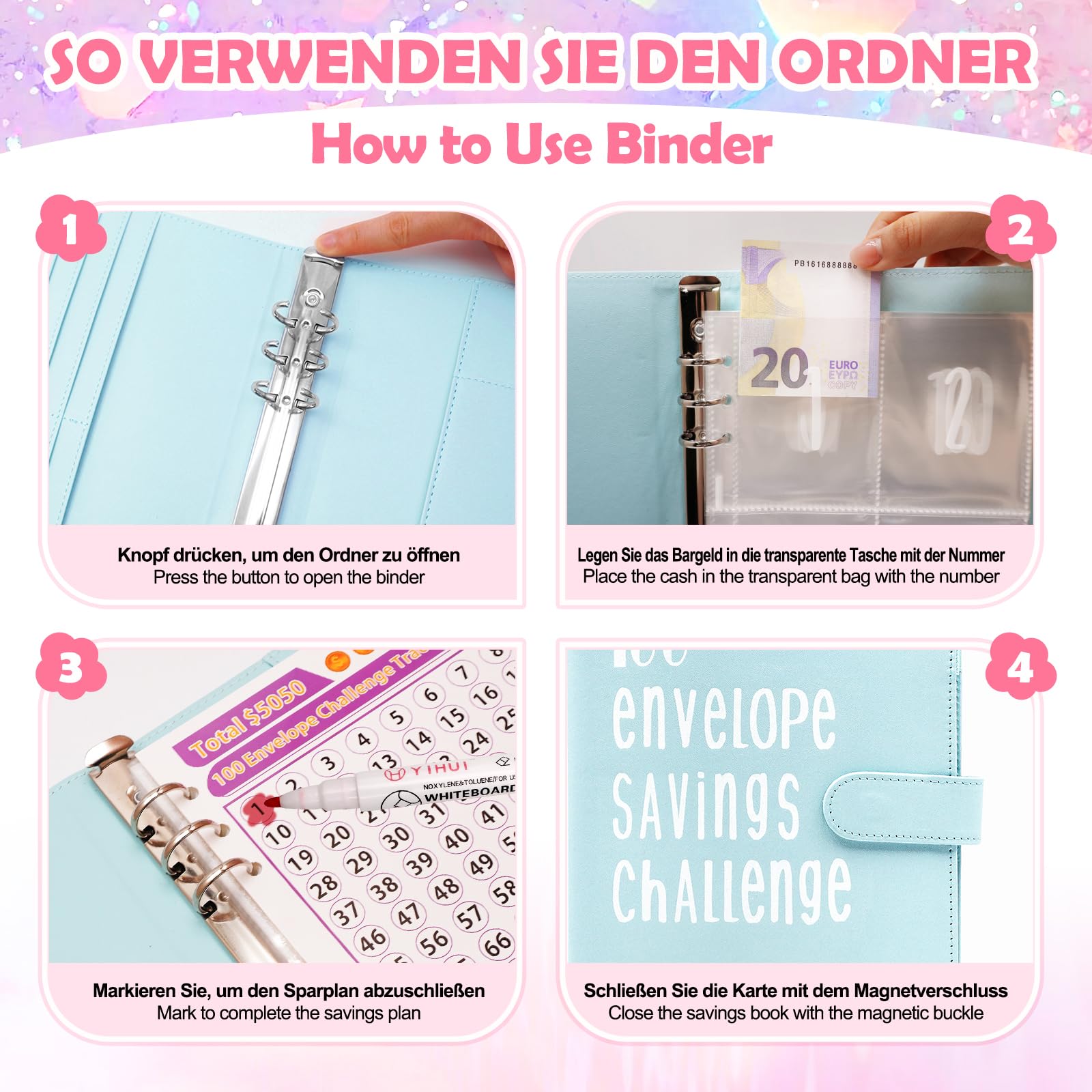 A5 Classeur Budget avec 100 Enveloppes, Planificateur Épargne, Bleu