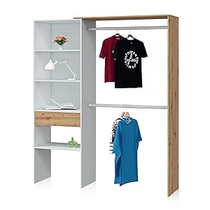 duehome | Armario Vestidor, Armario Abierto, Vestidor Reversible, Model Ezra, Acabado en Blanco Soft y Roble Nodi, Medidas: 158 cm (Largo) x 187 cm (Alto) x 40 cm (Fondo)
