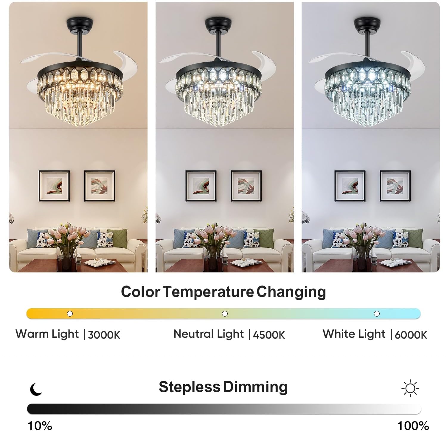 FIDGRA 48 Inch Fandelier Ceiling Fan with Light, Retractable Ceiling Fan with Lights Chandelier Fan for Bedroom, Living Room, 3 Color Temperature, 6 Wind Speed-Black