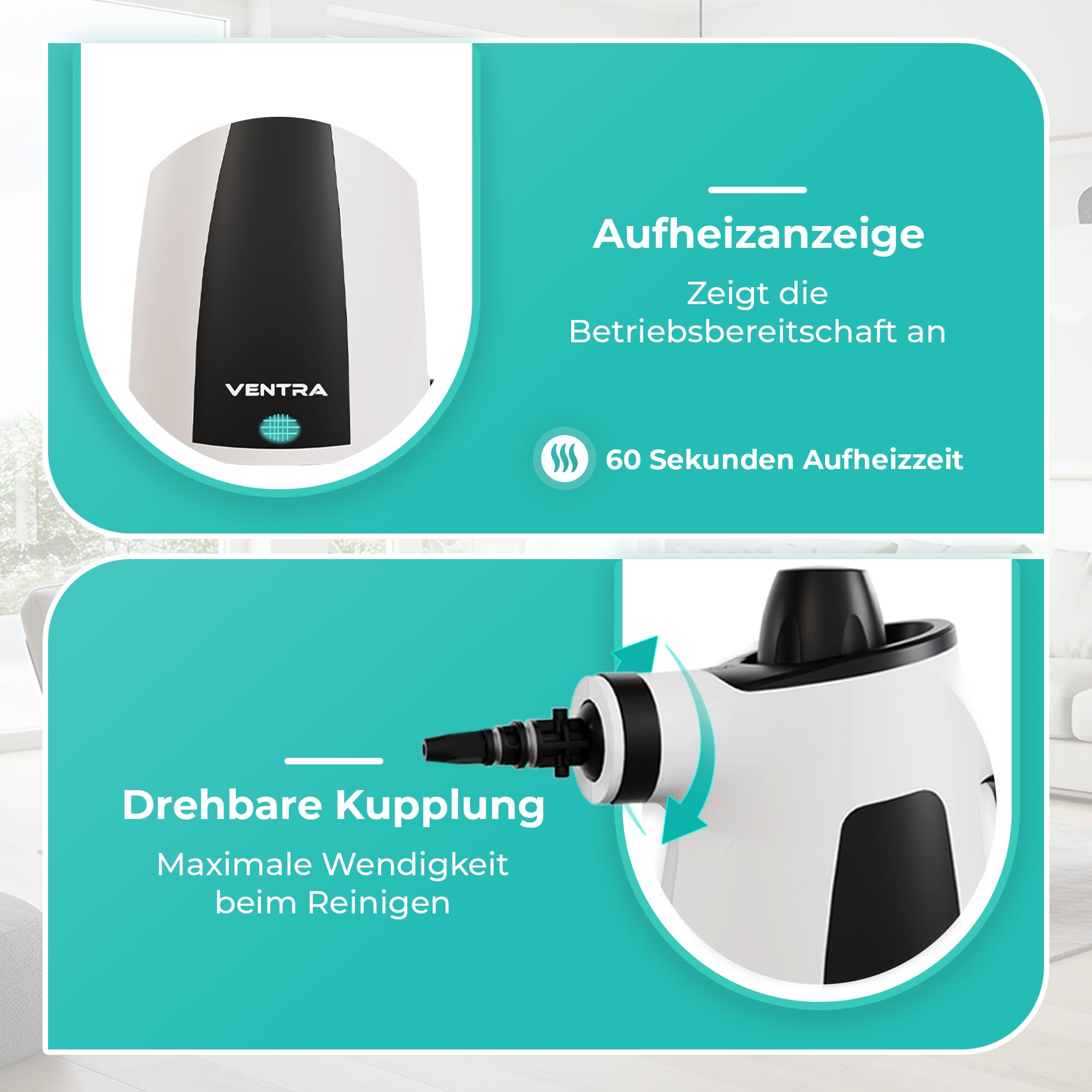 VENTRA® 15-teilig Dampfreiniger – Handdampfreiniger – 3.5 Bar | Extra leistungsstarkes, 5 Meter Stromkabel, inklusive Mikrofasertuch