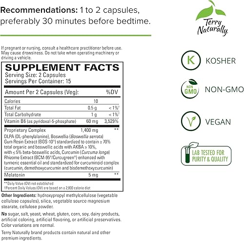 Miniatura 2 de Terry Naturally Curamin Nighttime - 30 cápsulas - Alivio del dolor no adictivo - Con curcumina, boswellia, P-5-P, DLPA y melatonina - Sin OMG,