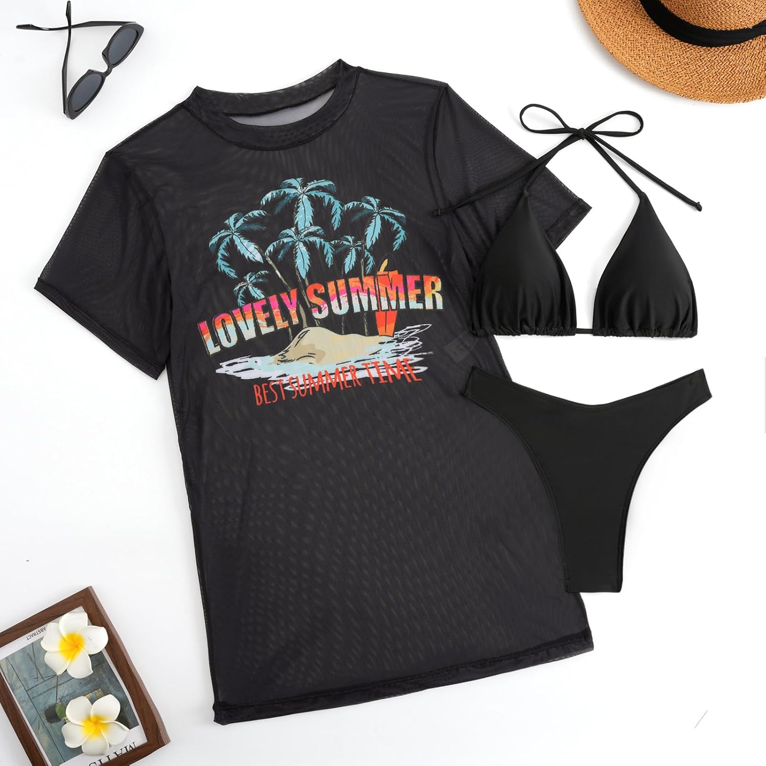 HYTENSUN Women’s 3 Piece Bikini Set with Sheer Cover-Up Top Mesh Swim Shirt with Bikini Top & Bottom Stretchy Summer Swimwear