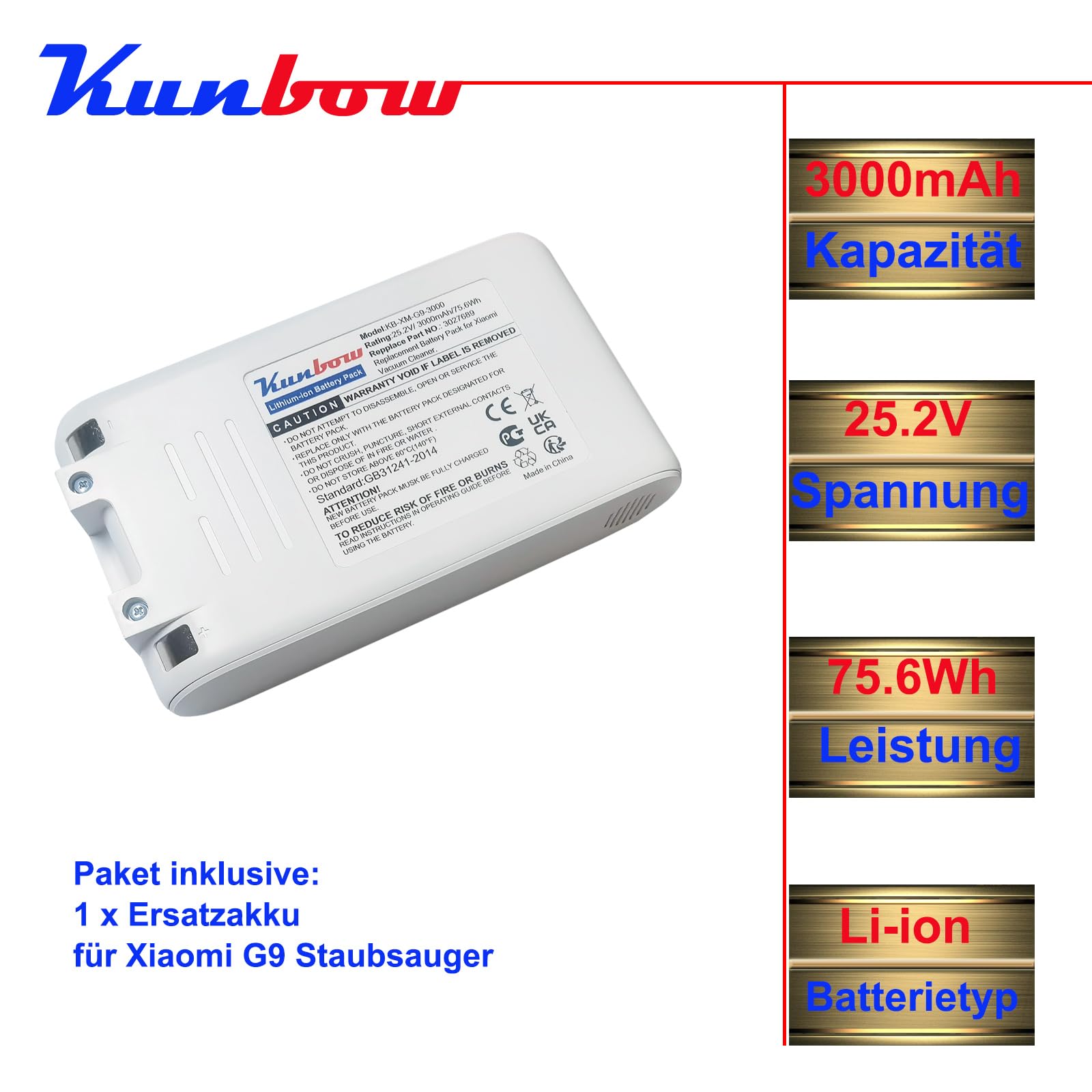 Batteria di ricambio da 3000 mAh per aspirapolvere Xiaomi G9, G9 Plus, G10, G10 Plus, batteria per aspirapolvere Dreame T10, T20, T20 Pro, R10, R10 Pro, V12S, V16S (25,2 V/75,6 Wh)