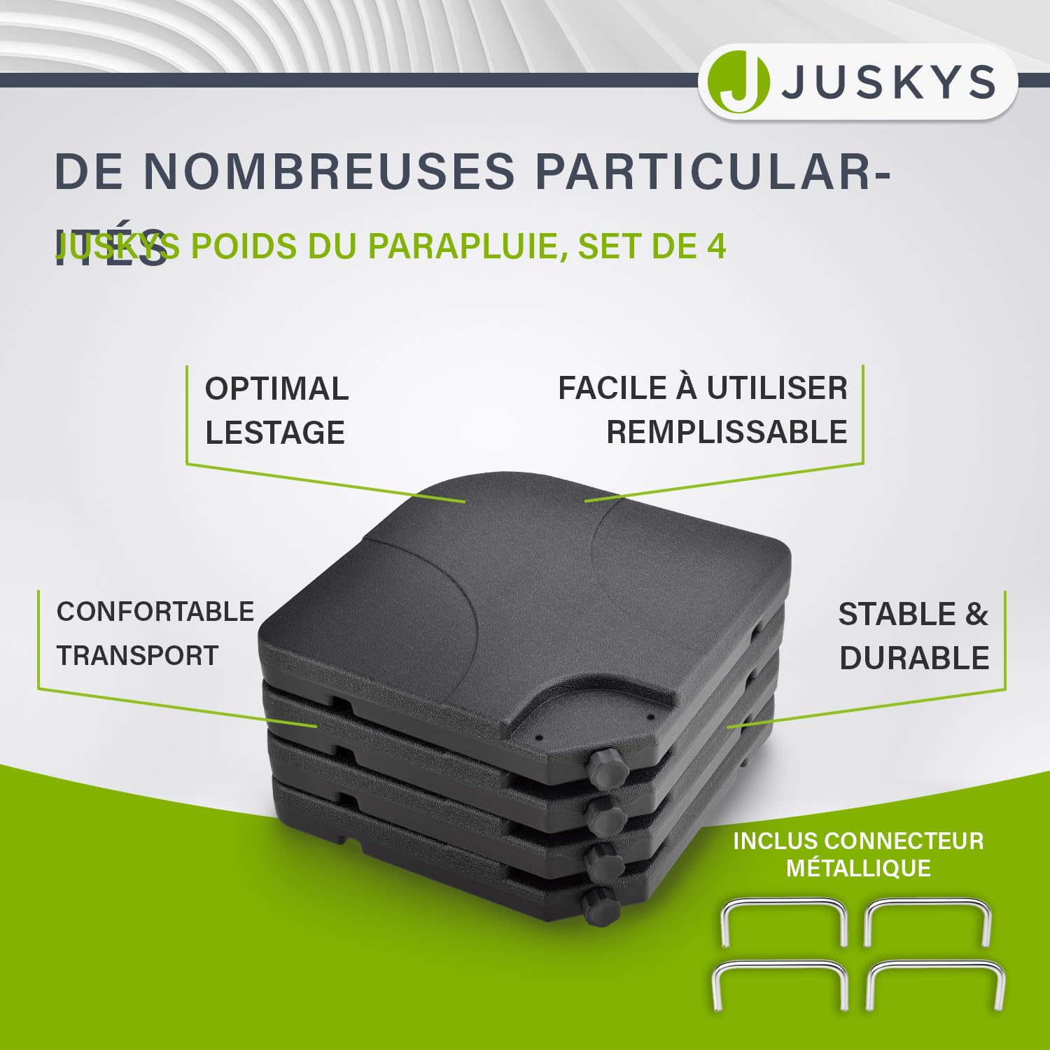 Juskys Poids de lestage pour parasol Quad, ensemble de 4 poids - pouvant être remplis avec 60 litres d'eau ou 80 kg de sable - en plastique HDPE (polyéthylène de haute densité) pied de parasol