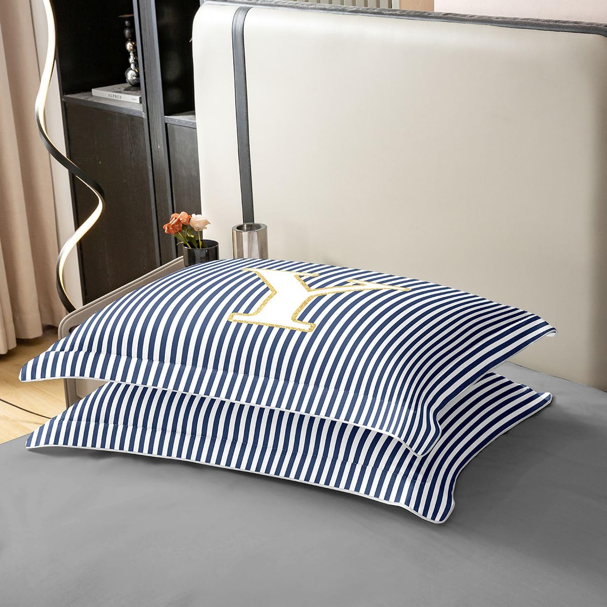 Homewish Granatowa pościel z literą Y King dla dzieci nastolatków chłopców | nowoczesny abstrakcyjny zestaw poszewek na kołdrę w paski alfabet początkowe paski poszewka na kołdrę minimalistyczne