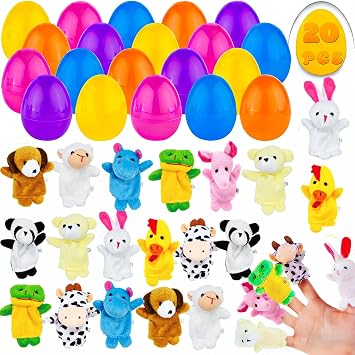 LUKBERA 20 Pcs Easter Eggs Filled with Finger Puppets, Plastic Egg with Cartoon Animal Puppets for Kids Easter Egg Hunt Basket Stuffers Fillers Party Favor Classroom Prize