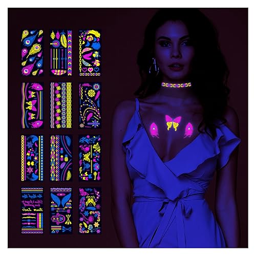 12 tatuajes temporales que brillan en la oscuridad de tamaño grande Adhesivos fluorescentes fluorescentes de neón para adultos con purpurina