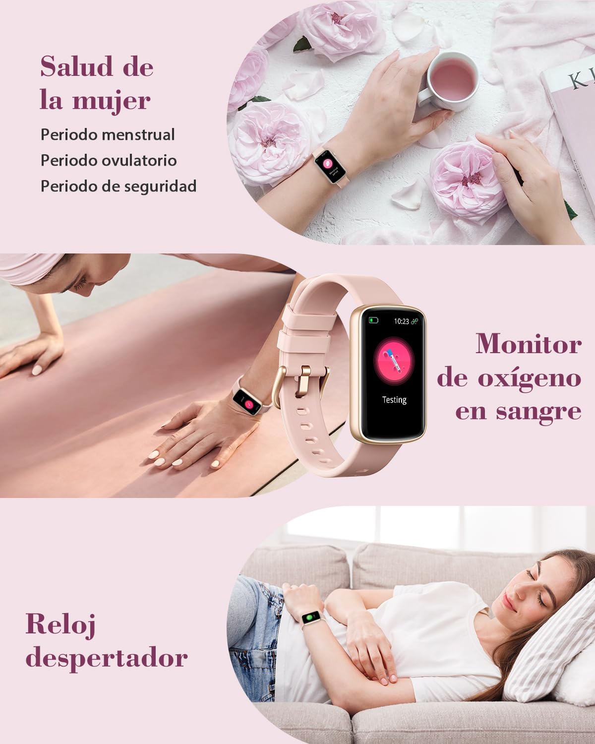 Reloj Inteligente para Mujer con Oxímetro, IP68 Impermeable, DIY Esfera, Monitor Sueño, Podómetro, Pulsómetro, Smartwatch para Android iOS (Rosa)