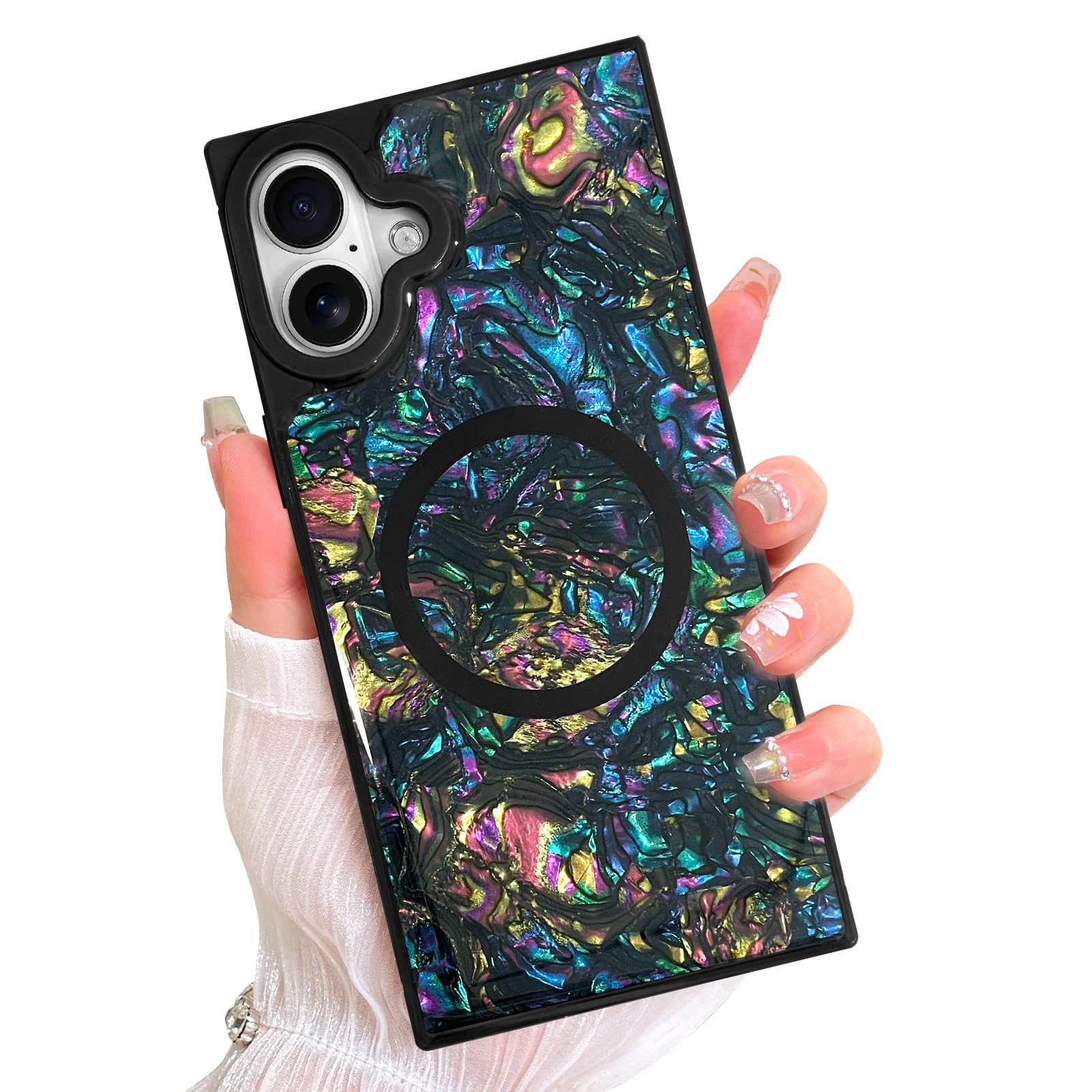 AIGOMARA Magnetic Rectangle for iPhone 16 Case, Compatible with Magsafe Luxury Sparkle Opalescent Pearl for Women Girls Glossy Glitter Protective