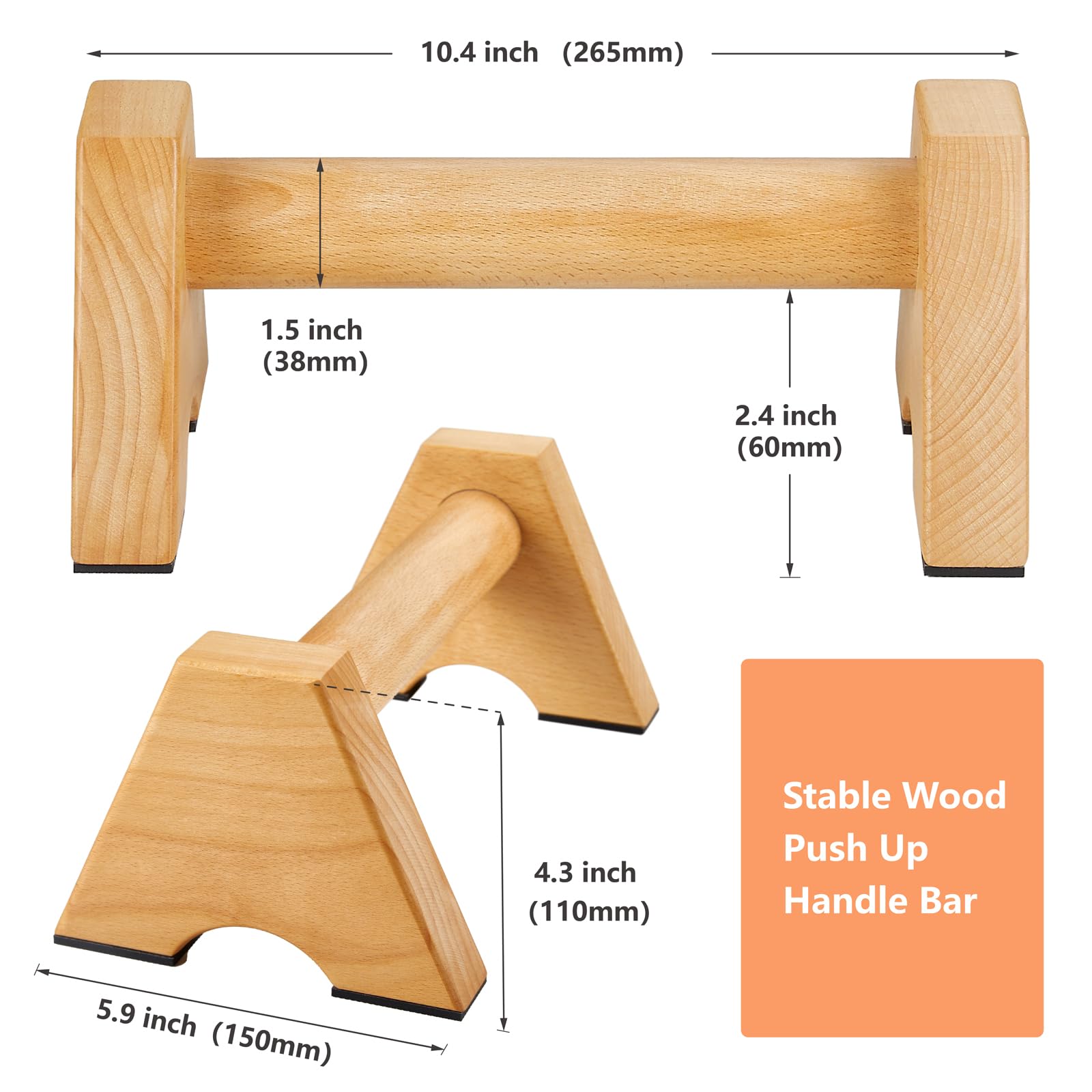 Purife Beech Wood Non-Slip Parallettes Push Up Bar for Men, Strength Training Equipment Calisthenics Gymnastics Bars, Pushup Handles for Home Fitness, Workouts, Calistenia