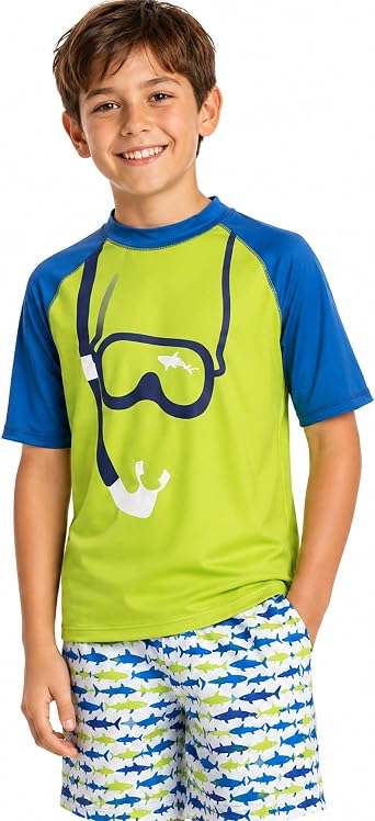 Boys 2-Piece Rash Guard Swim Set Short Sleeve Shirt & Trunks | UPF 50+ Sun Protection, Quick-Dry Swimwear, Comfortable Beach and Pool Set for Infants, Toddlers, and Big Kids