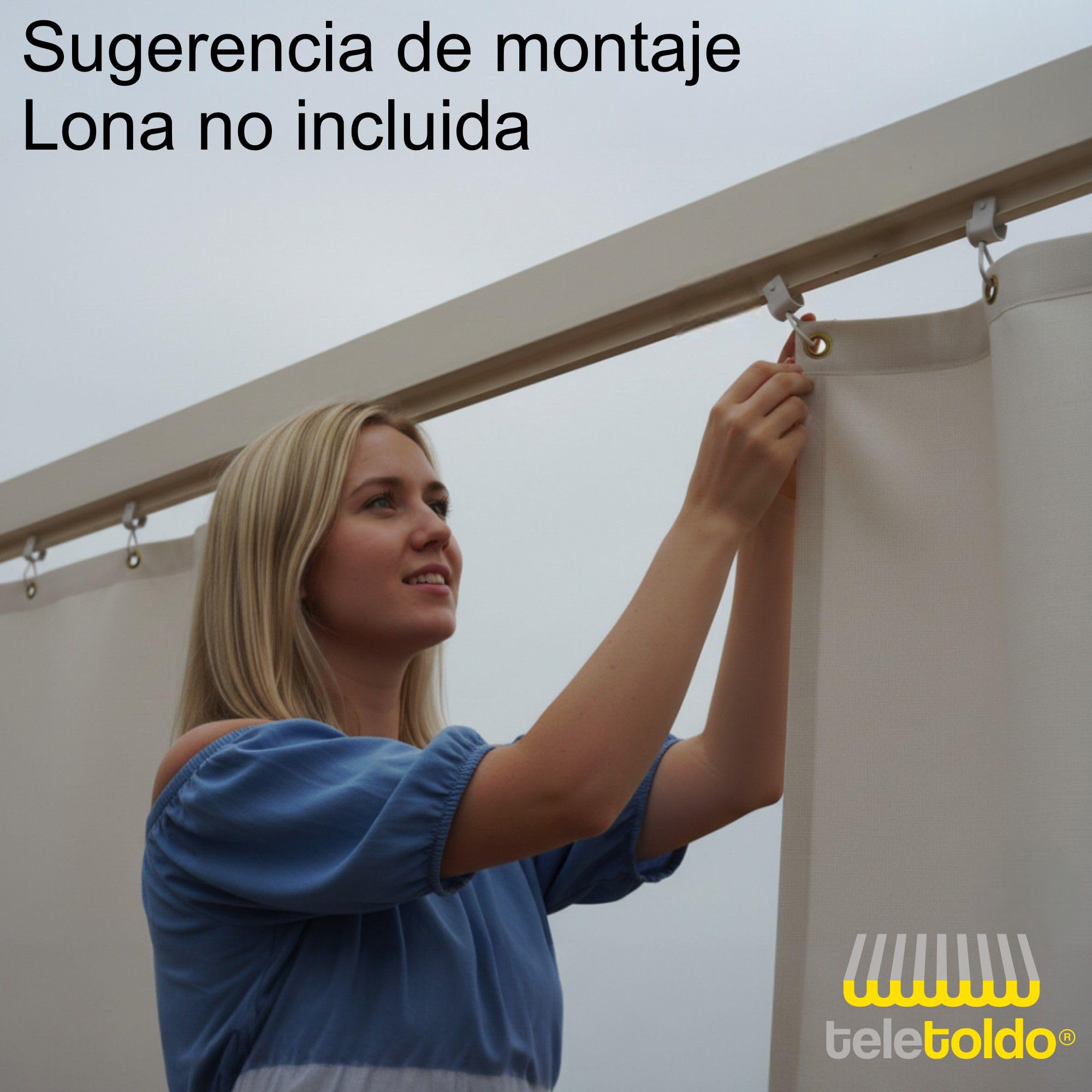 Teletoldo Kit Riel de Aluminio para Cortina Exterior (2,00 m) + 9 Poleas | Montaje a Techo | Blanco Lacado | Ideal para Toldos, Porches y Pérgolas