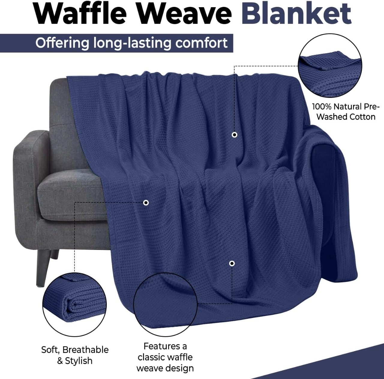 100% Cotton Blankets Queen Size for Bed - Waffle Weave Blankets for Summer, Lightweight and Breathable Soft Woven Blanket for Spring, White, 90x90 Inches (Navy, Throw (50" x 60")) - Image 6