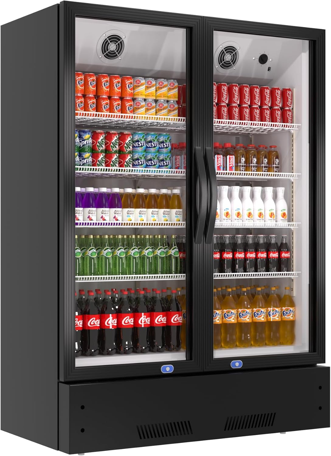 mikibama Commercial Merchandiser Refrigerator, 2 Glass Door Display Refrigerator, 18 Cu. Ft Upright Beverage Display Cooler, 8 Adjustable Shelves, 4 Strong Castors (Black, 18 cu.ft without Lightbox)