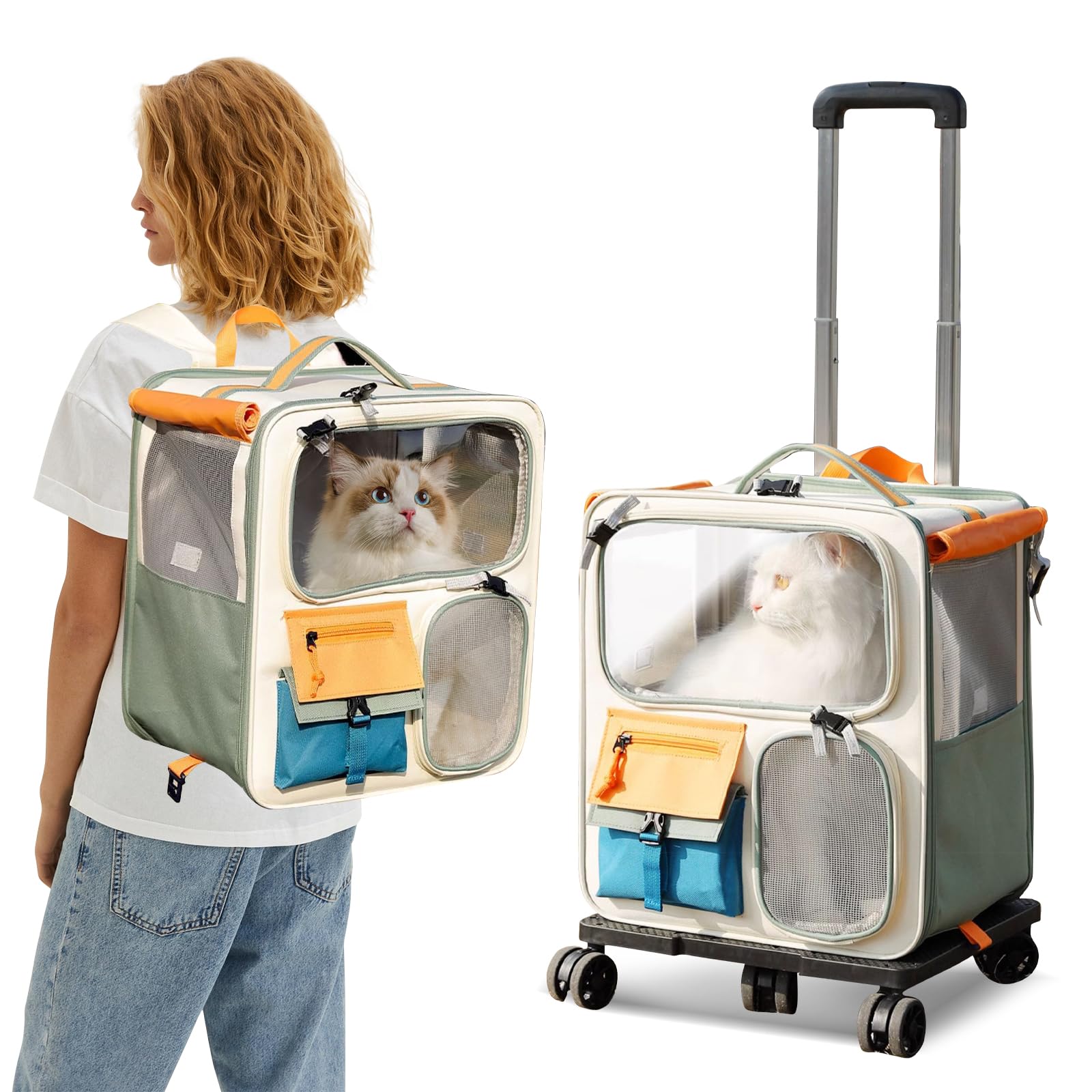 PETCUTE Mochila para Perros con 4 Ruedas,Mochila Plegable para Gatos Grandes y Perros Pequeños con Alfombrilla Extraíble,Transportín Perro Gato Mascotas con Diseño Ventilado,Ideal para Viajar