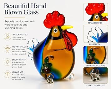 Hand Blown Glass Rooster Ornament 12cm Colourful Decorative Figurine
