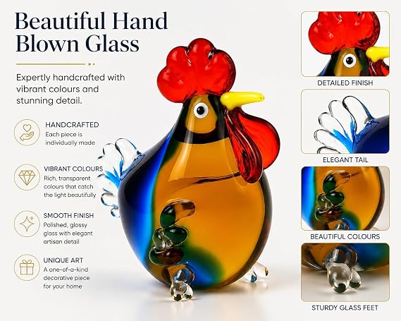 Hand Blown Glass Rooster Ornament 12cm Colourful Decorative Figurine