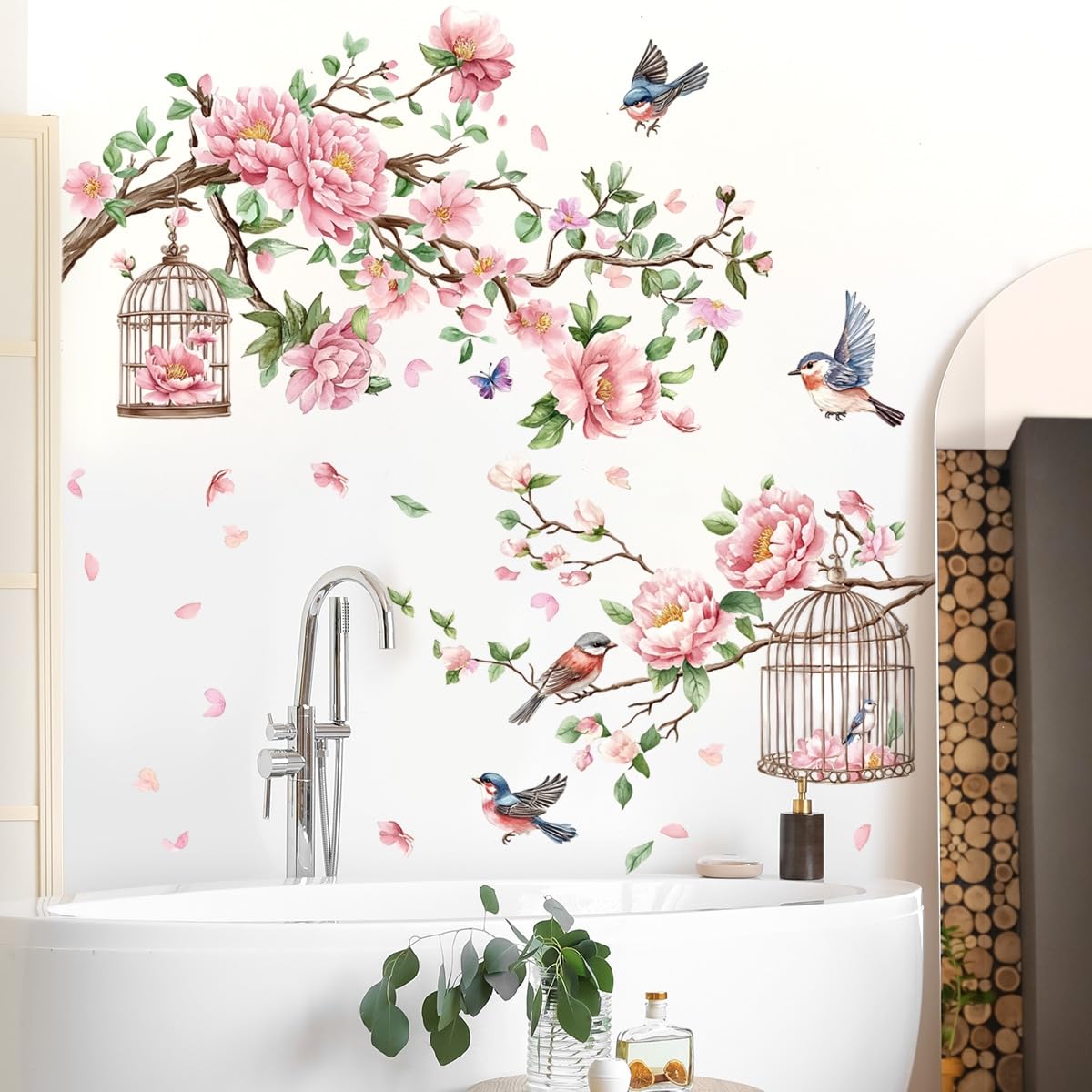 Rosa Kirschblüten Wandtattoo mit Vögeln und Vogelkäfigen, großer floraler Wandaufkleber, 150 x 125 cm