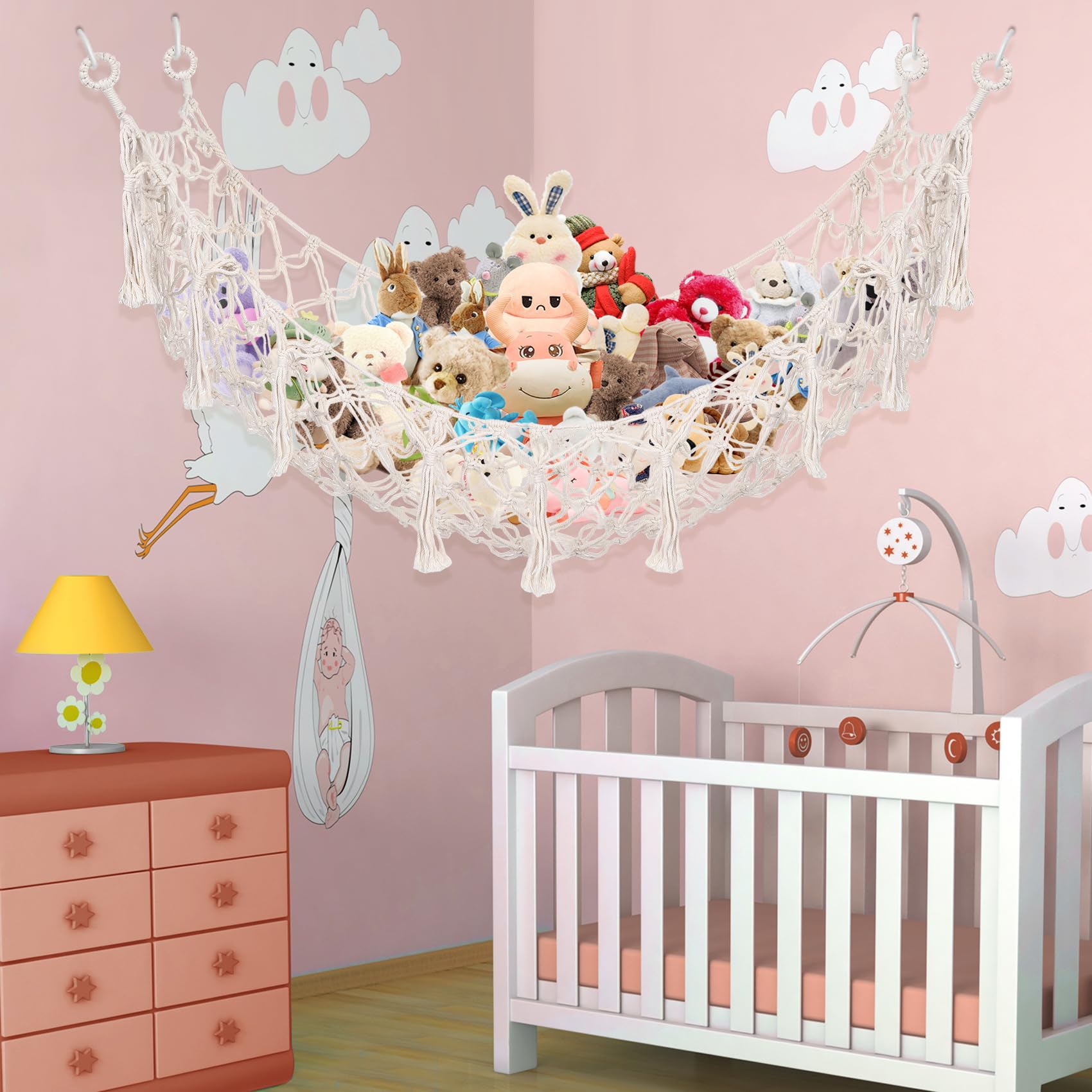 Hamac Carré en Macramé Bohème pour Animaux en Peluche, Filet de Rangement Mural en Coton, Blanc