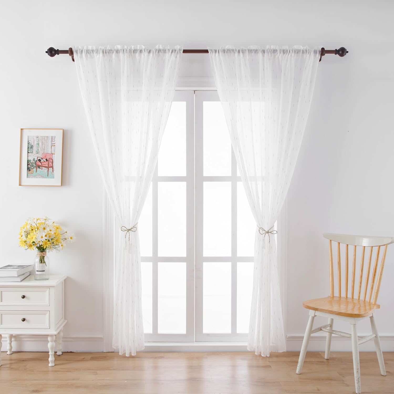 Modern Minimalist Imitation Linen Jacquard Texture Sheer Curtains Voile Gauze Home Decor for Living Room Bedroom(2 Panels, W 54 x L 84 inch, White)