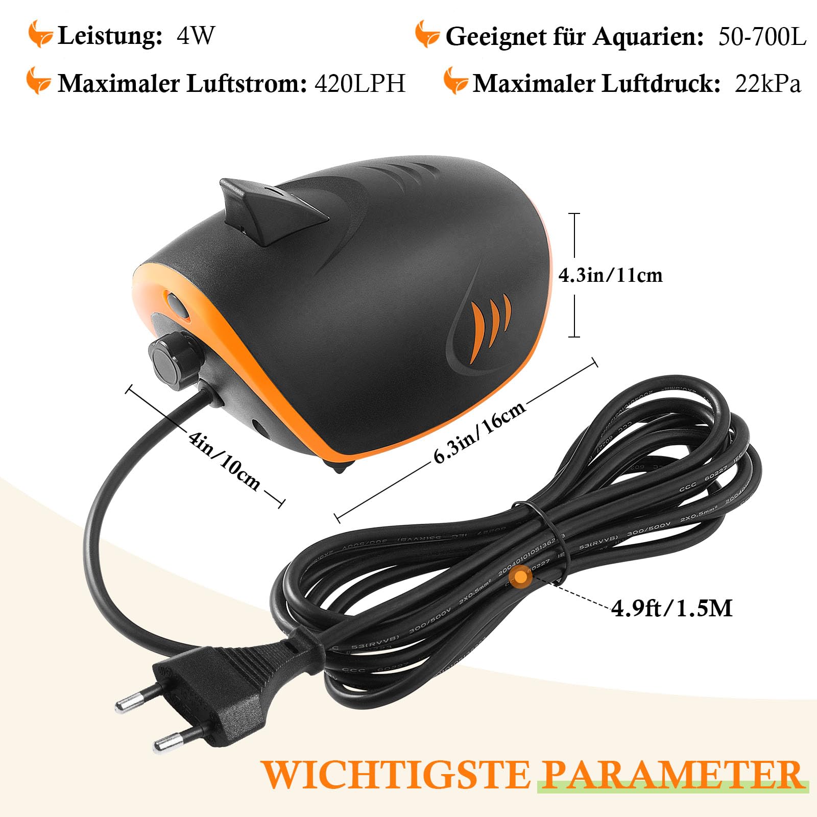 FEDOUR 3W 4W 5W 7W Leistungsstarke Aquarium Luftpumpe, 2-ausgänge Leise Aquarium Sauerstoffpumpe, Einstellbare Aquarium Belüfter Pumpe mit Allem Zubehör, für 1-700L Fish Tank